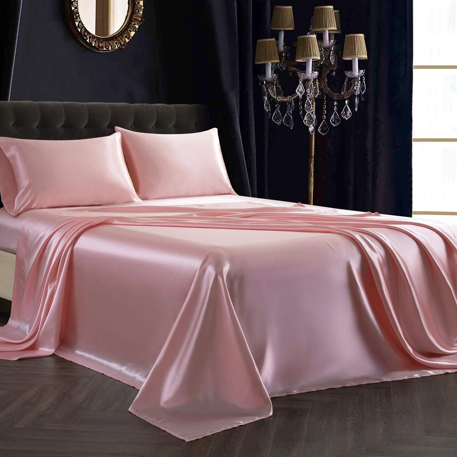 Siinvdabzx 4Pcs Satin Sheet Set King Size Ultra Silky Soft Blush Pink Satin King Bed Sheets With Deep Pocket  1 Fitted Sheet  1 Flat Sheet  2 Envelope Closure Pillowcases