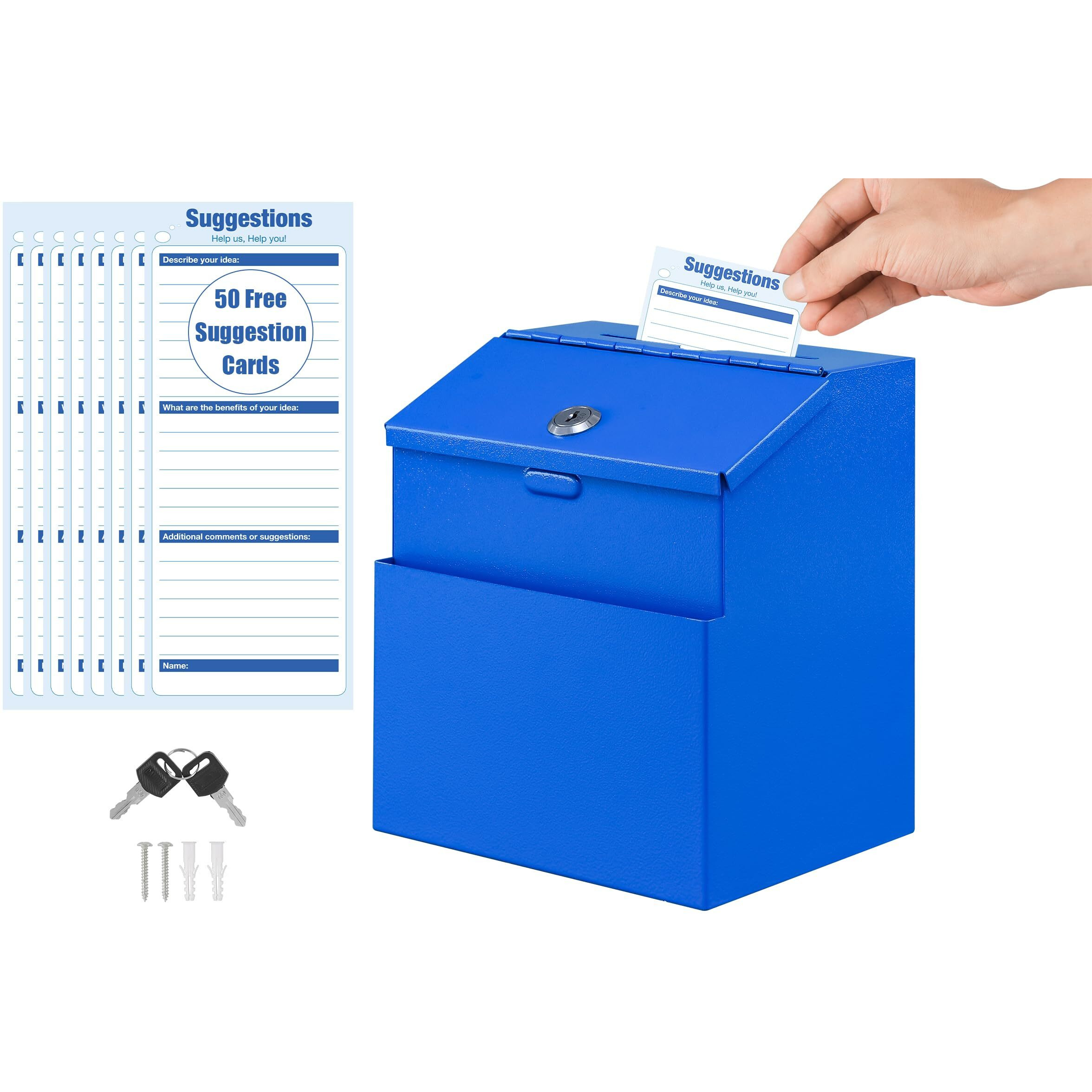 Kyodoled Suggestion Box With Lock And 50 Free Suggestion Cards  Metal Wall Mounted Ballot Box  Donation And Collection Key Drop Box With Slot & 2 Keys  8.5H X 5.9W X 7.3L Inch  Blue