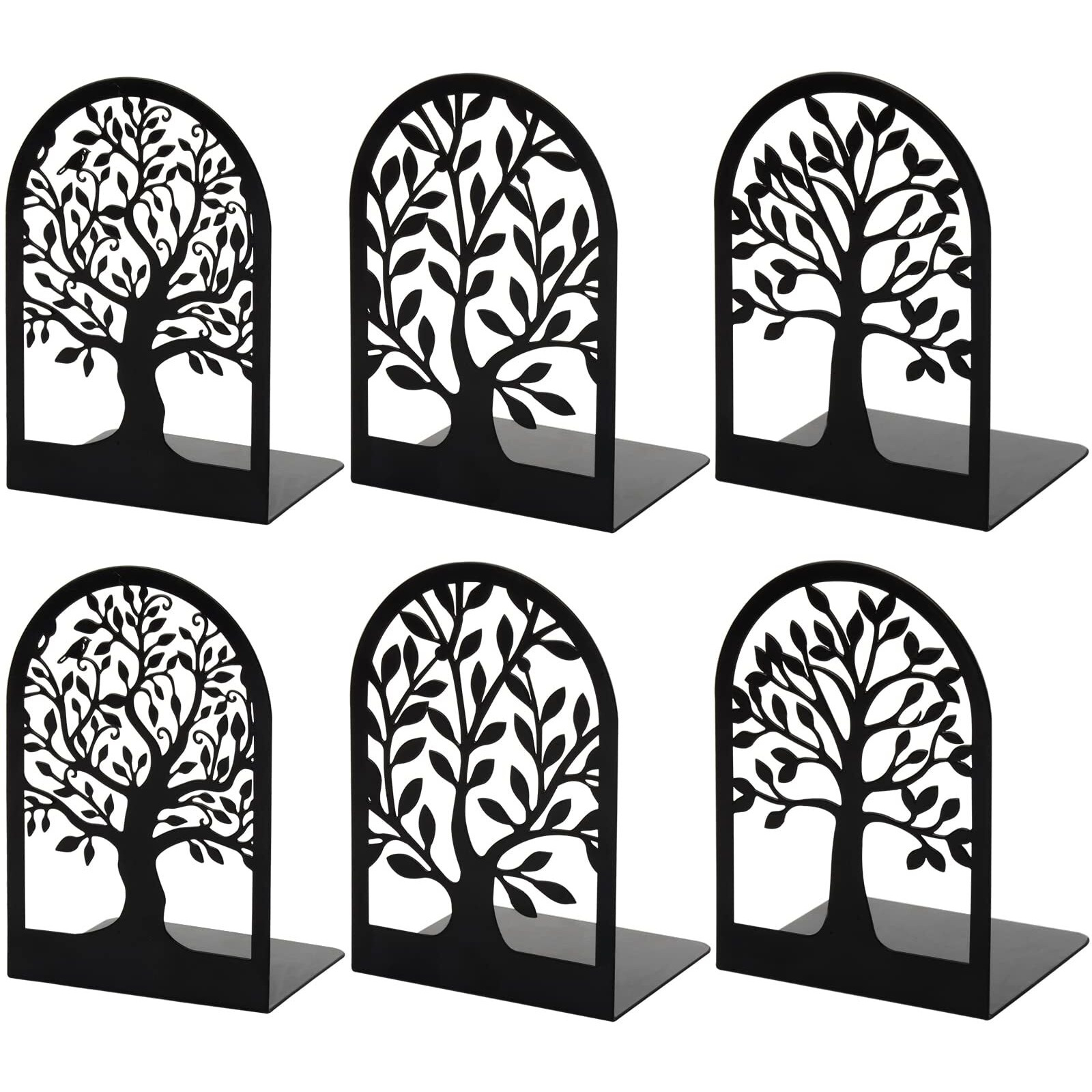 Metal Bookends For Shelves Decorative  Tree Stopper For Heavy Books  Black Ends To Hold Books For Home Office  6.5 X 4.7 X 3.5 Inch(3 Pairs/6 Pcs  Large)