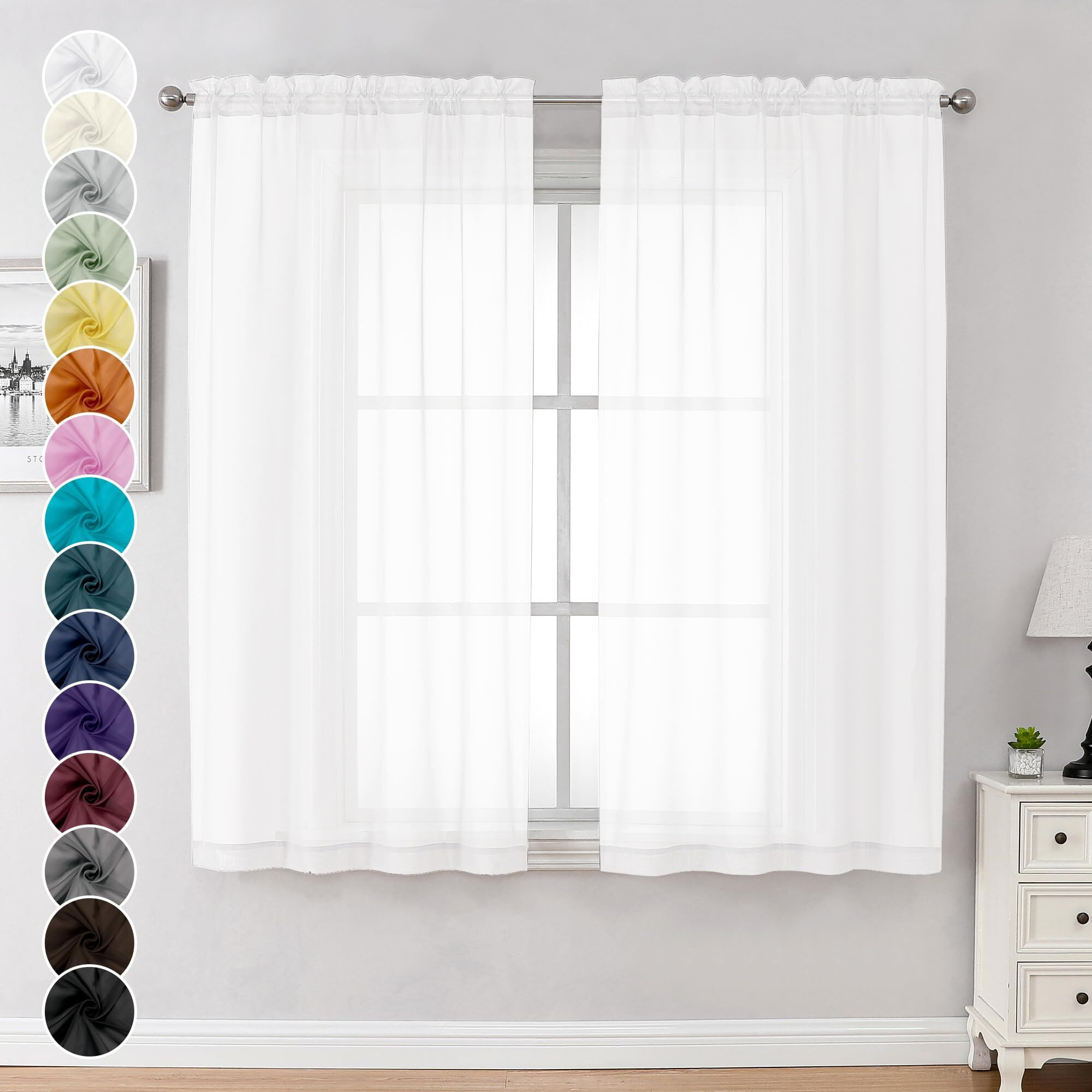 Chyhomenyc White Sheer Curtains 63 Inch Length 2 Panels  Light Filtering Rod Pocket Window Curtain Treatment Drapes For Kitchen Bedroom Living  Each 42X63