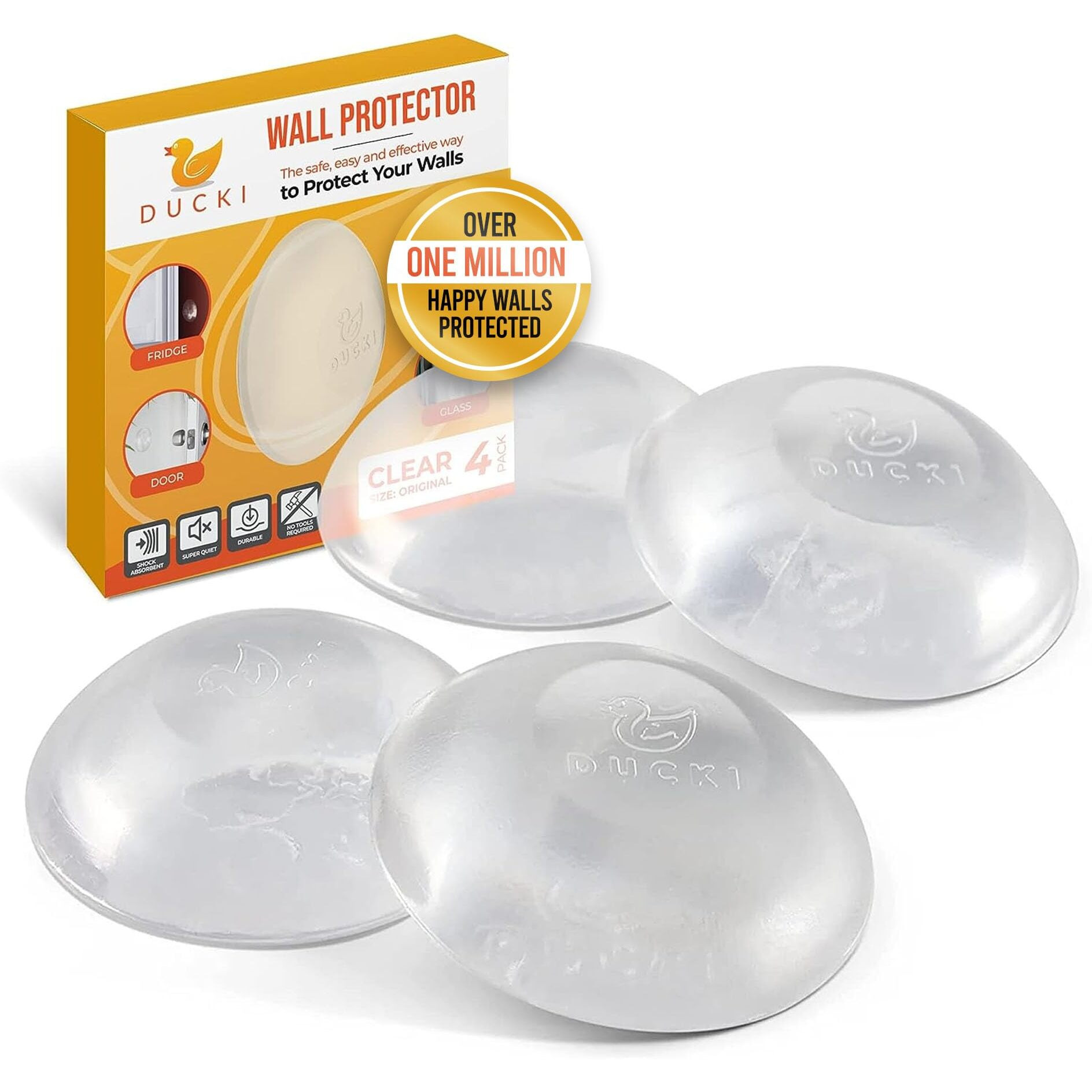 Ducki Wall Protectors - 4 Pack Clear Self Adhesive  Reusable Solution For Stopping Damage & Noise From Doors  Refrigerators More In Your Home Or Office Durable  Shock Absorbent Discreet