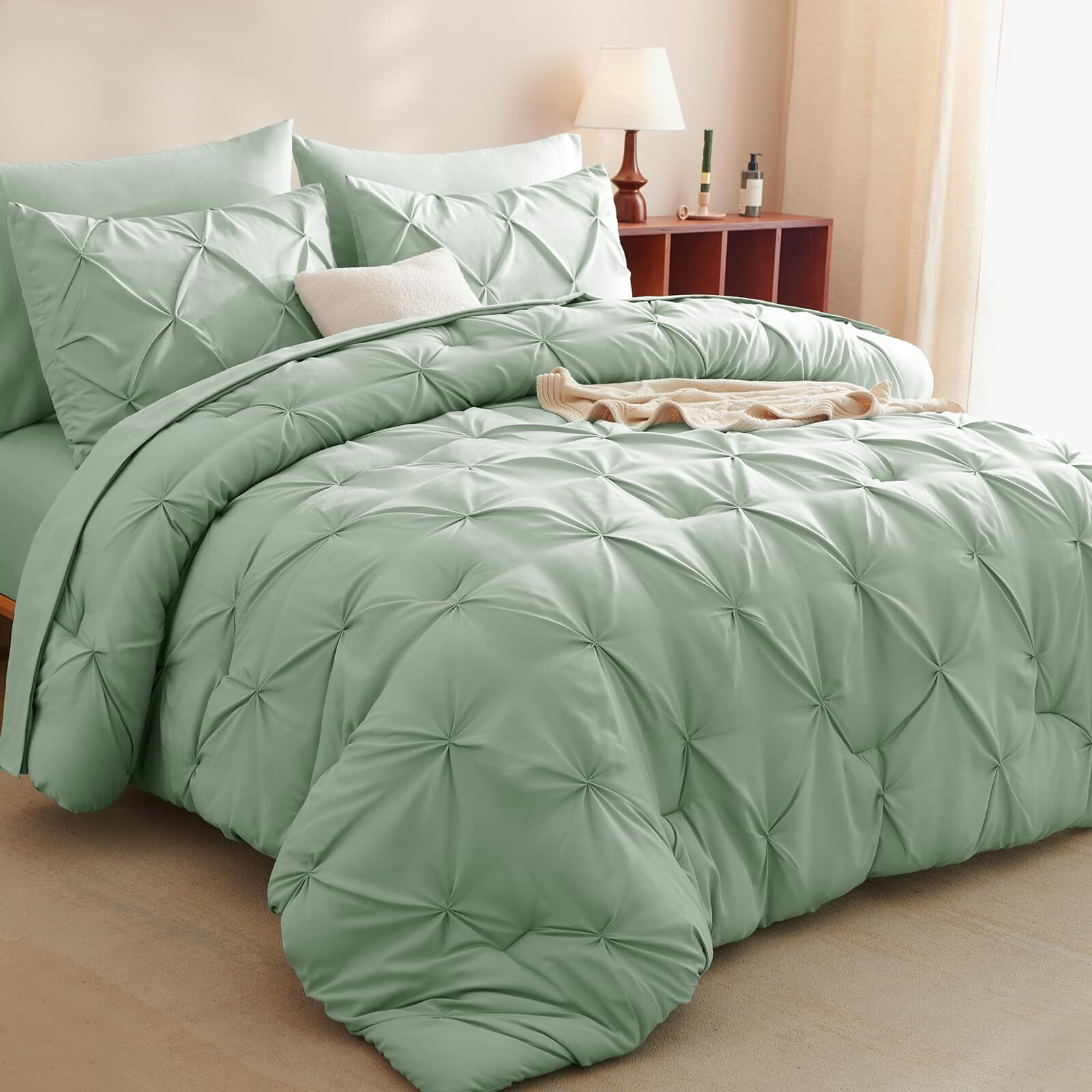 Cozylux Sage Green Comforter Set Queen - 7 Pieces Comforters Queen Size  Pintuck Bed In A Bag Pinch Pleat Bedding Sets With All Season Comforter  Flat Sheet  Fitted Sheet And Pillowcases & Sham