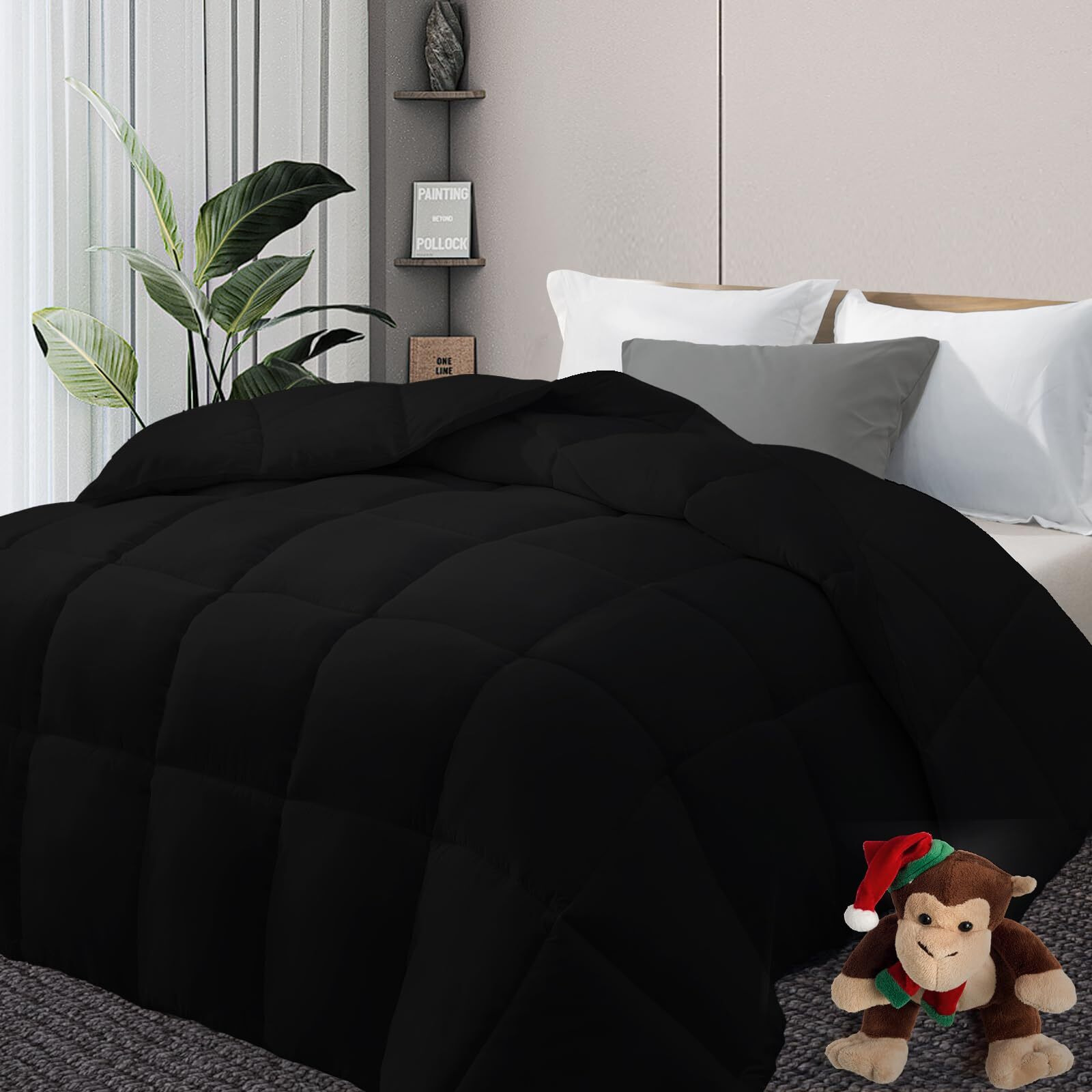 Downcool Comforters Queen Size  Duvet Insert Black All Season Duvet  Lightweight Quilt  Down Alternative Hotel Comforter With Corner Tabs (Black  Queen 88X92 Inches)