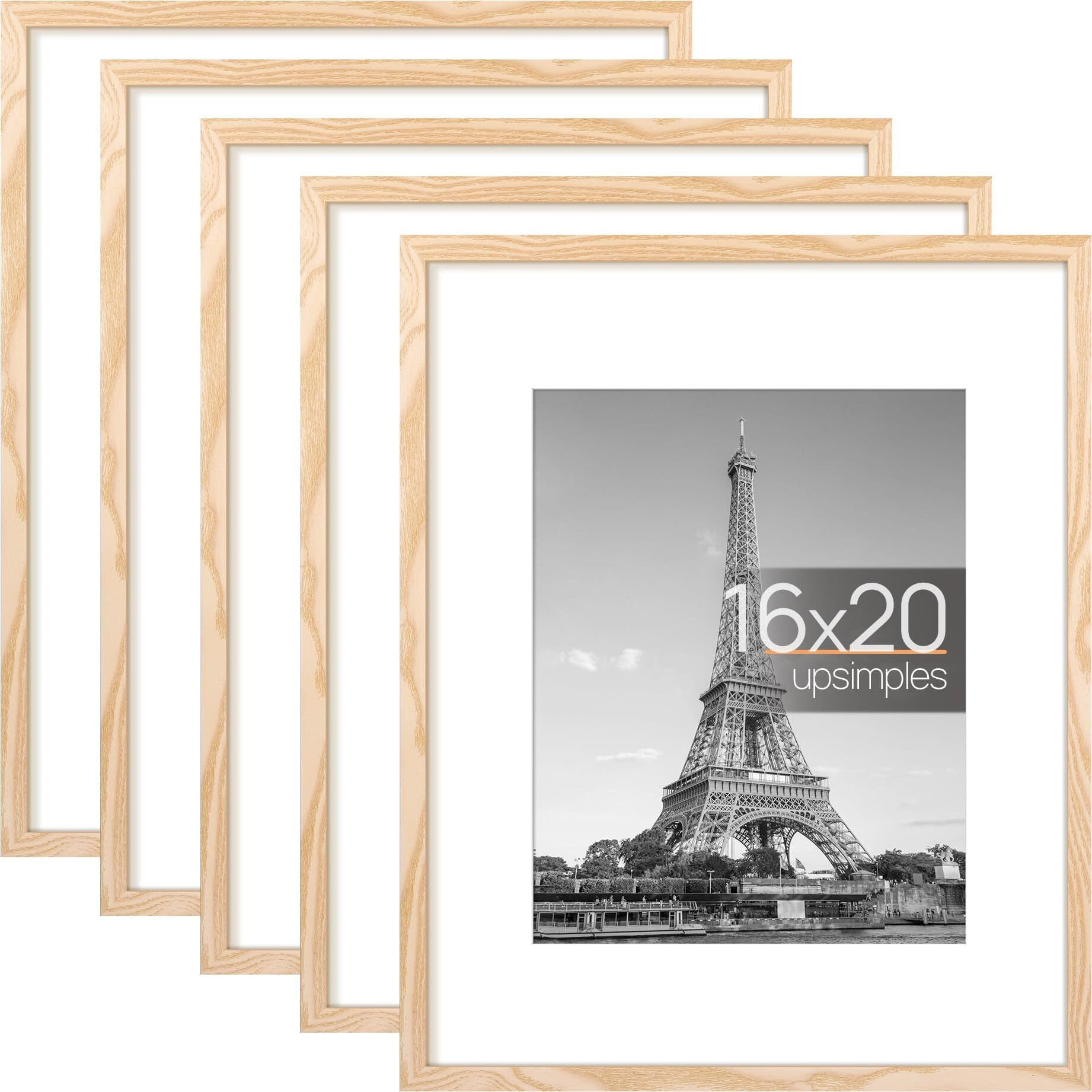 Upsimples 16X20 Picture Frame Set Of 5  Display Pictures 11X14 With Mat Or 16X20 Without Mat  Wall Gallery Poster Frames  Natural