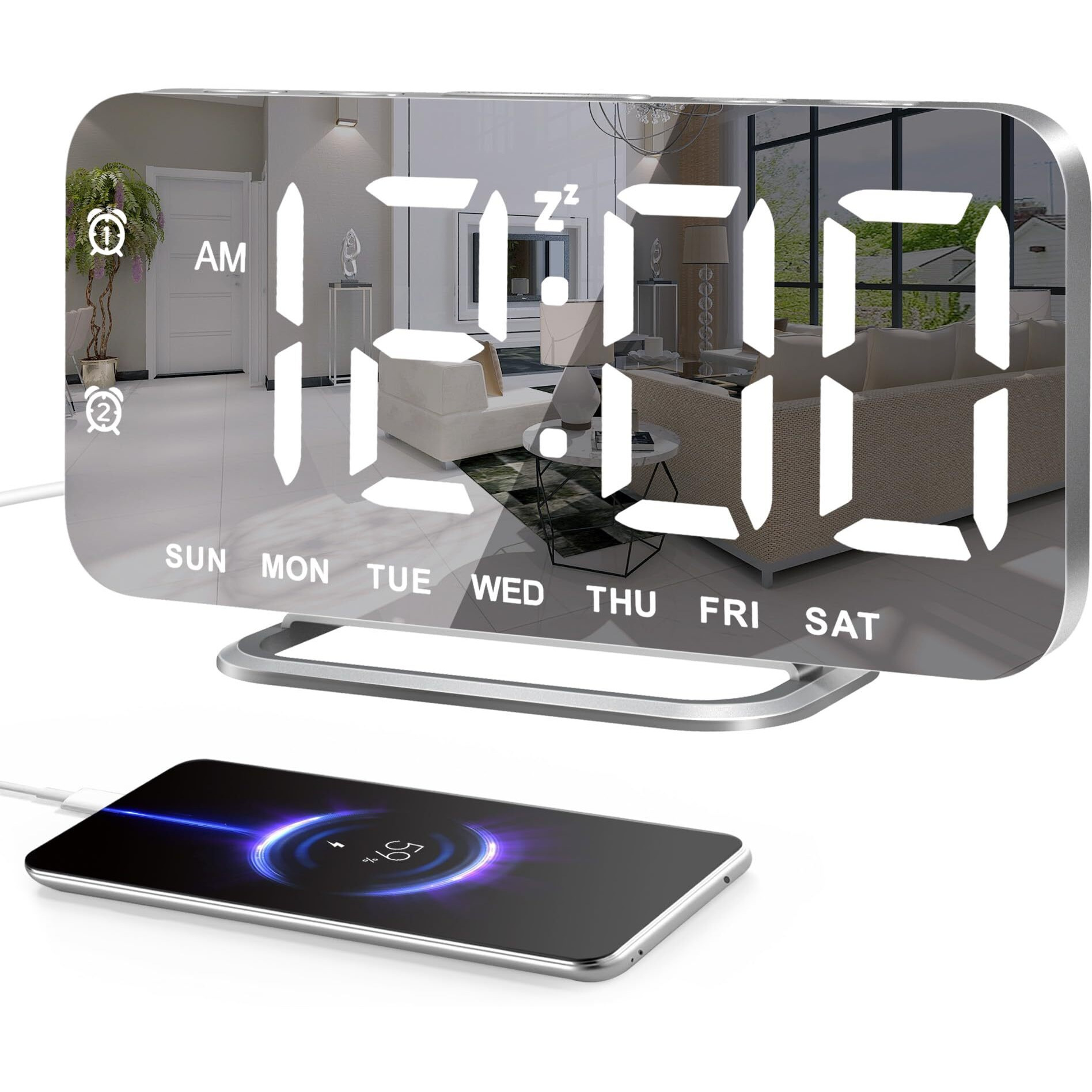 Super Slim Led Digital Alarm Clock  Mirror Surface For Makeup  With Diming Mode  4 Levels Brightness  Large Display  Easy Setting  Dual Usb Ports  Modern Decoration For Home  Bedroom Decor  Silver