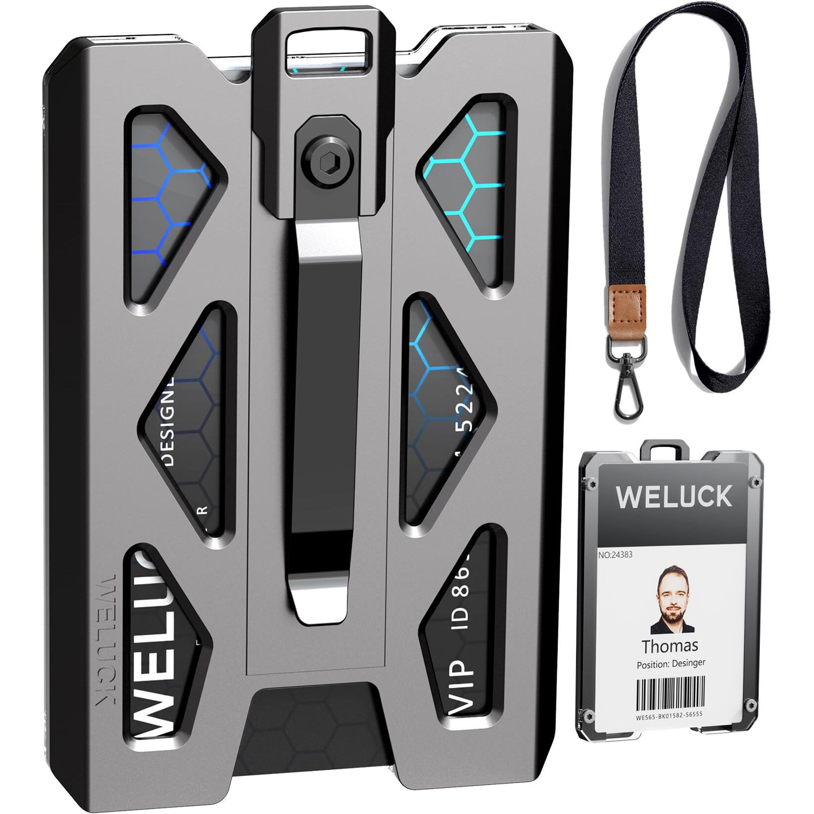 Id Badge Holder  Durable Aluminum Id Card Holder/Wallet With Lanyard And Metal Clip  4 Cards/Id Badges Holder By Weluck  For Business Office Work Police Outdoor Gift (Grey01)