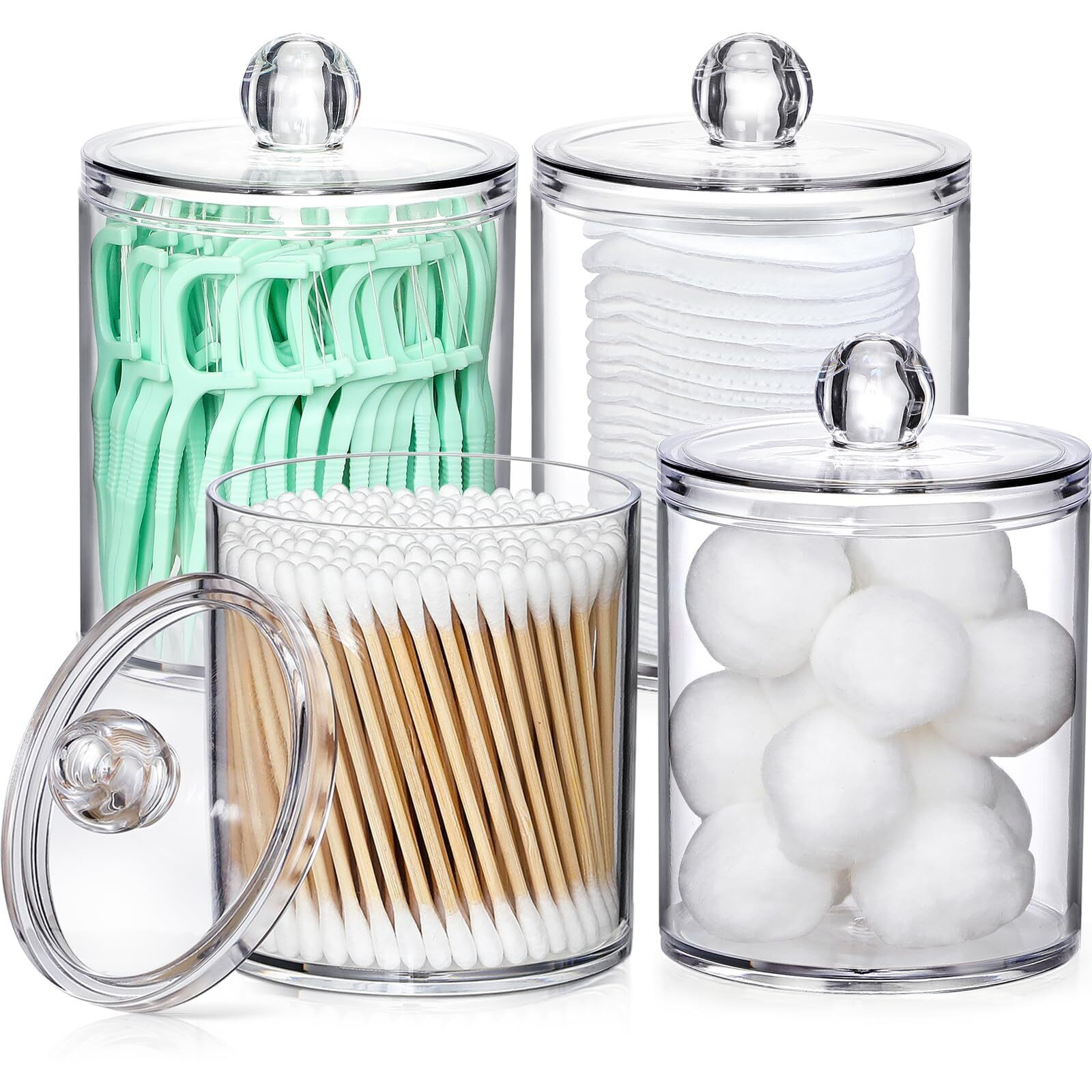 4 Pack Acrylic Qtip Holder Dispenser For Cotton Swabs  Balls  Pads  Floss Picks- Small Clear Plastic Canister Apothecary Jar Set  Bathroom Essentials Accessories Decor  Vanity Makeup Storage Organizer