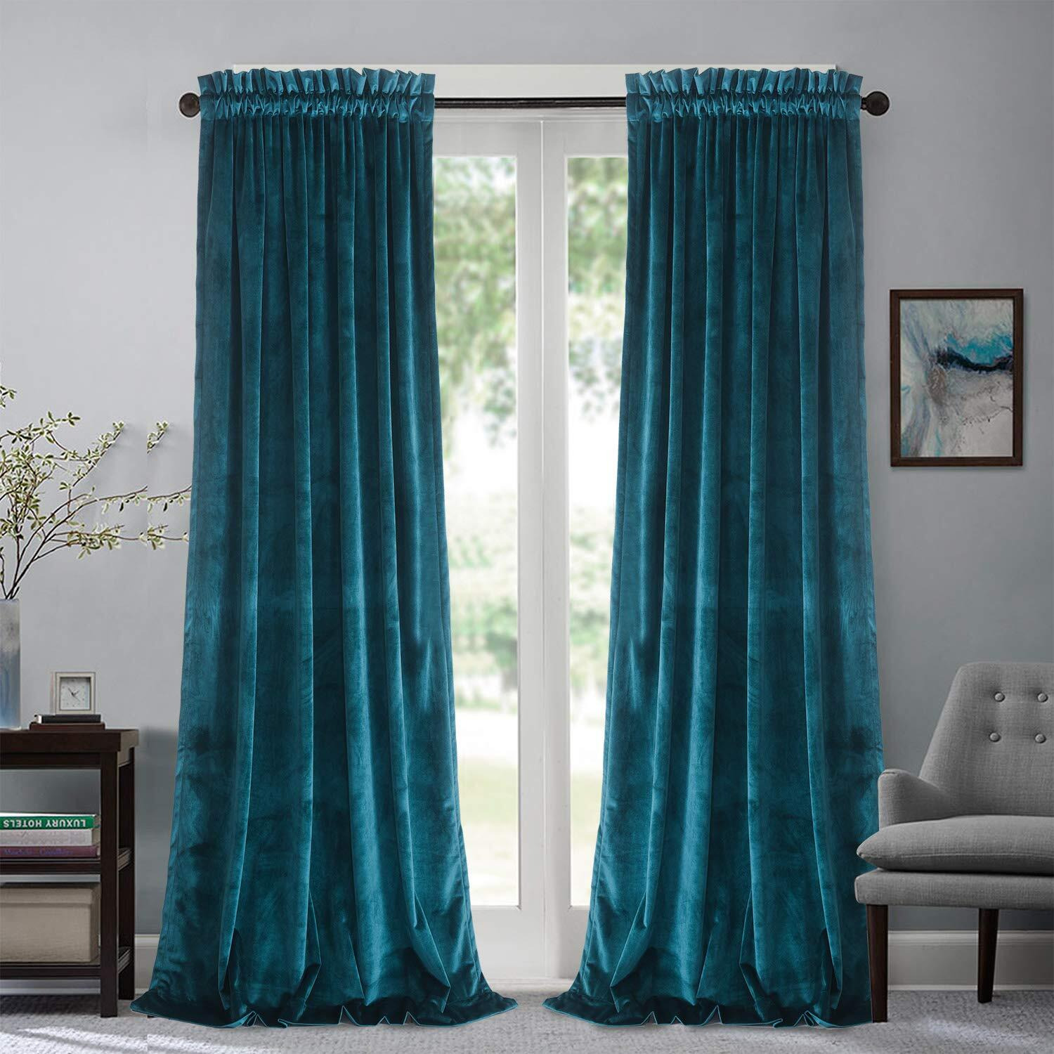 Roslynwood Velvet Curtain Panels Peacock Blue Room Darkening Window Super Soft Luxury Drapes For Bedroom Thermal Insulated Rod Pocket Curtain For Living Room/52Wx84L Peacock Blue  2 Panels