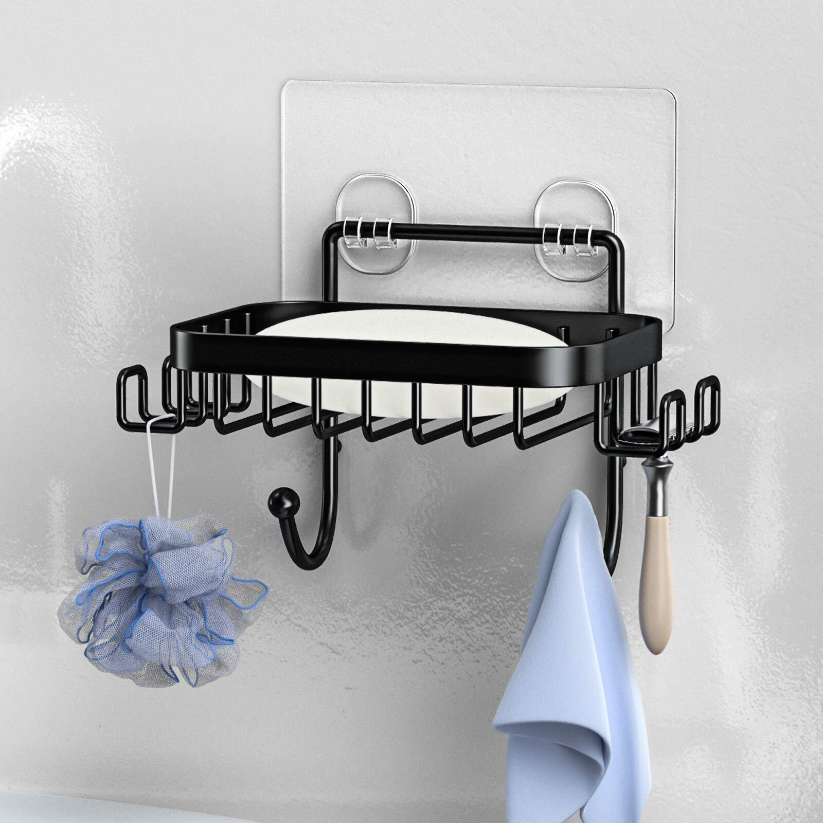 Odesign Soap Dish Holder With 6 Hooks Loofah Bath Sponge Towel Razor Holder For Bathroom Shower Kitchen Adhesive Wall Mounted No Drilling Stainless Steel - Black