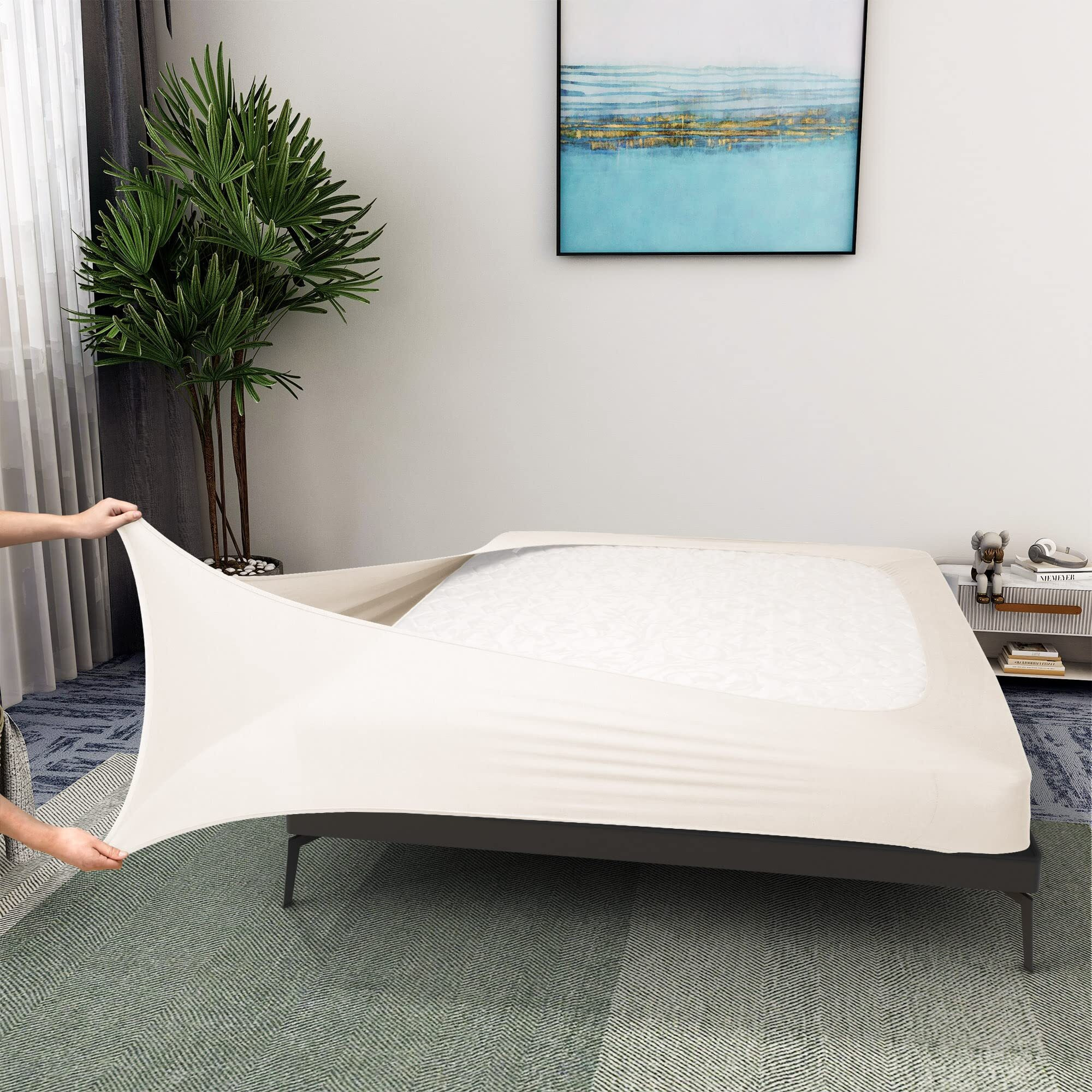 Box Spring Cover Queen Size - Jersey Knit & Stretchy Wrap Around 4 Sides Bed Skirt For Hotel & Home - Queen/Queen Xl  Beige