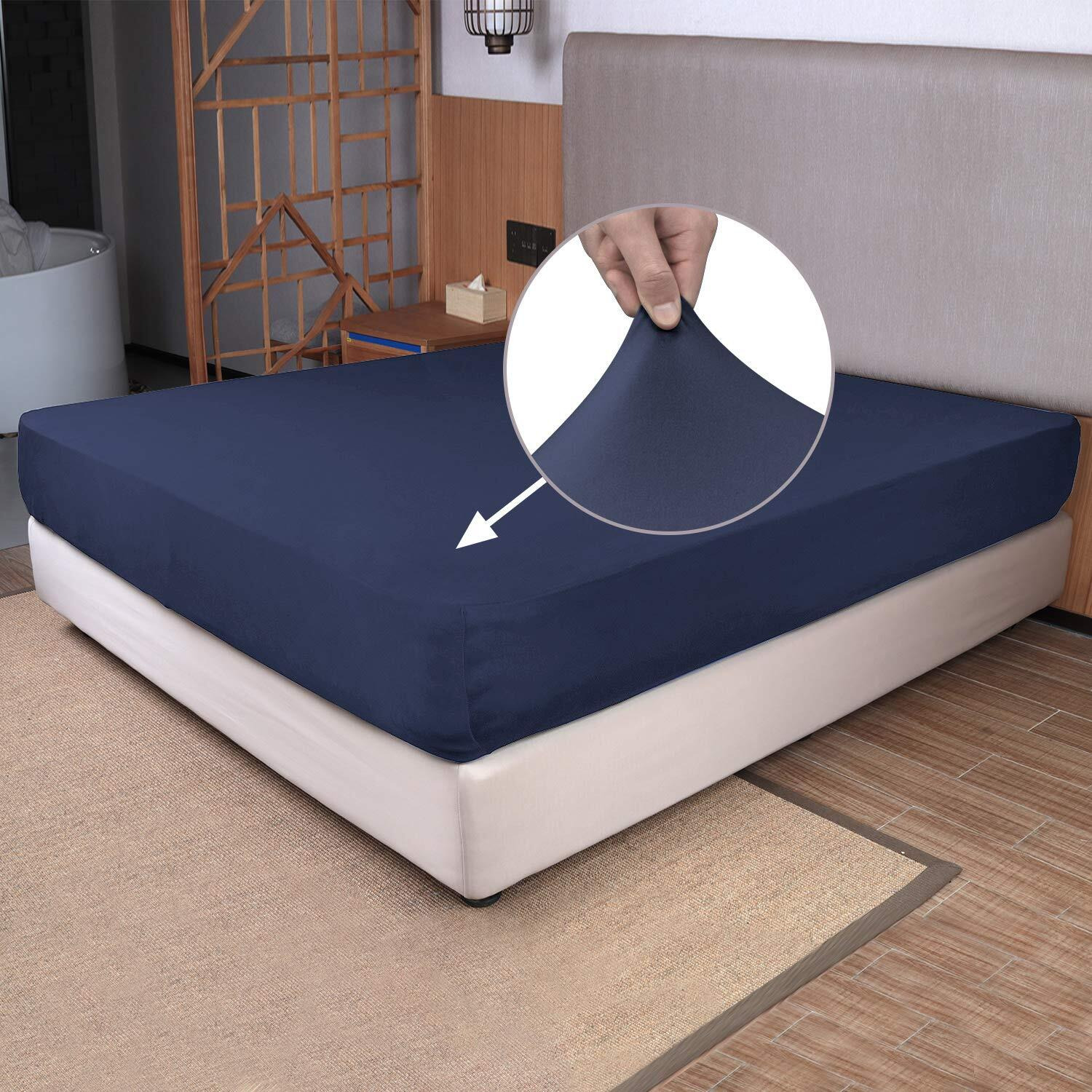 King Size Fitted Sheet Only - 4-Way Stretch Knit  Snug Fit  Wrinkle Free & Stay In Place  No More Slipping Off For Mattress  Soft & Comfortable - Navy Blue  King
