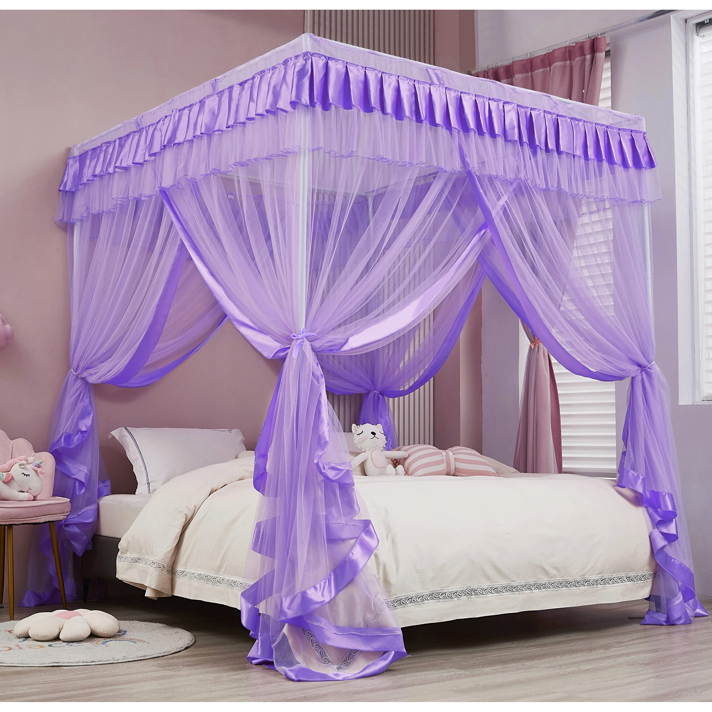 Mengersi Canopy Bed Curtains Full Size For Boys Girls Bed Drapes Bed Canopy Princess Bed Drapes Bedroom Decoration(Purple)