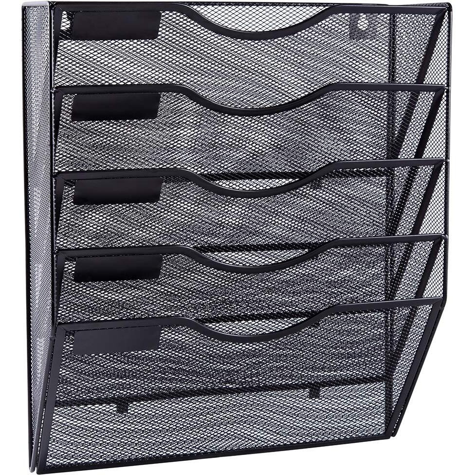 Easepres 5 Pockets Mesh Wall File Holder Organizer Office Hanging Mail Holder Organizer Magazine Rack  Black