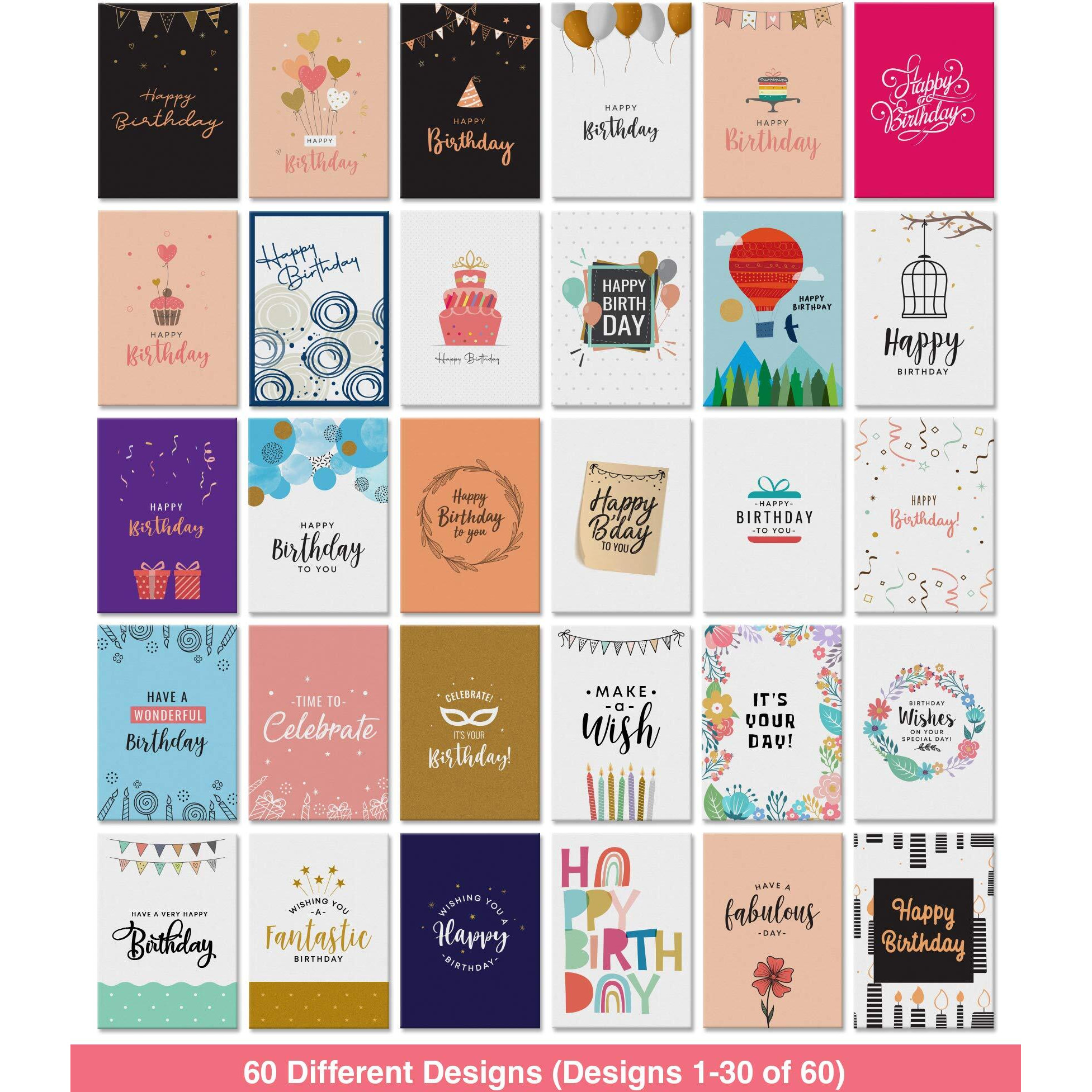 Dessie Unique Birthday Cards Assortment With Generic Birthday Greetings Inside. Suitable For Men  Women And Kids. Includes Envelopes And Gold Stickers  60 Cards