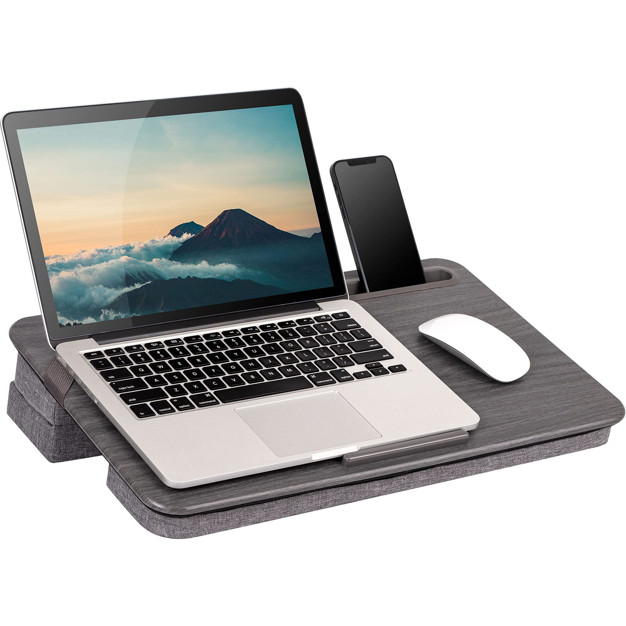 Lapgear Elevation Lap Desk With Device Ledge  Phone Holder  And Booster Cushion - Gray Woodgrain - Fits Up To 15.6 Inch Laptops - Style No. 87965