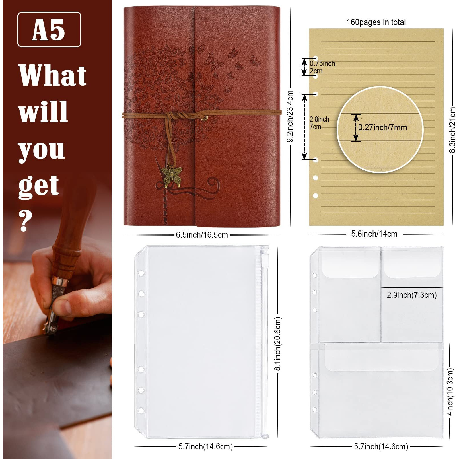 Leather Journal Notebook  Refillable Writing Journal Diary Planner For Women Girls  Ruled Travelers Journals To Write In A5 6.5 X9.2 Inch (Red Brown)