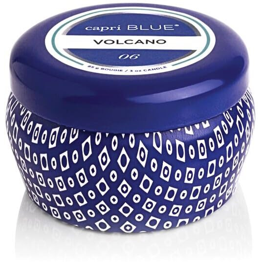 Capri Blue Volcano Scented Mini Tin Candle - Printed Mini Tin Jar Candle - Luxury Candles For Home Scented With Tropical Fruit & Sugared Citrus - Soy Candle Wax Blend - Blue Candle (3 Oz)