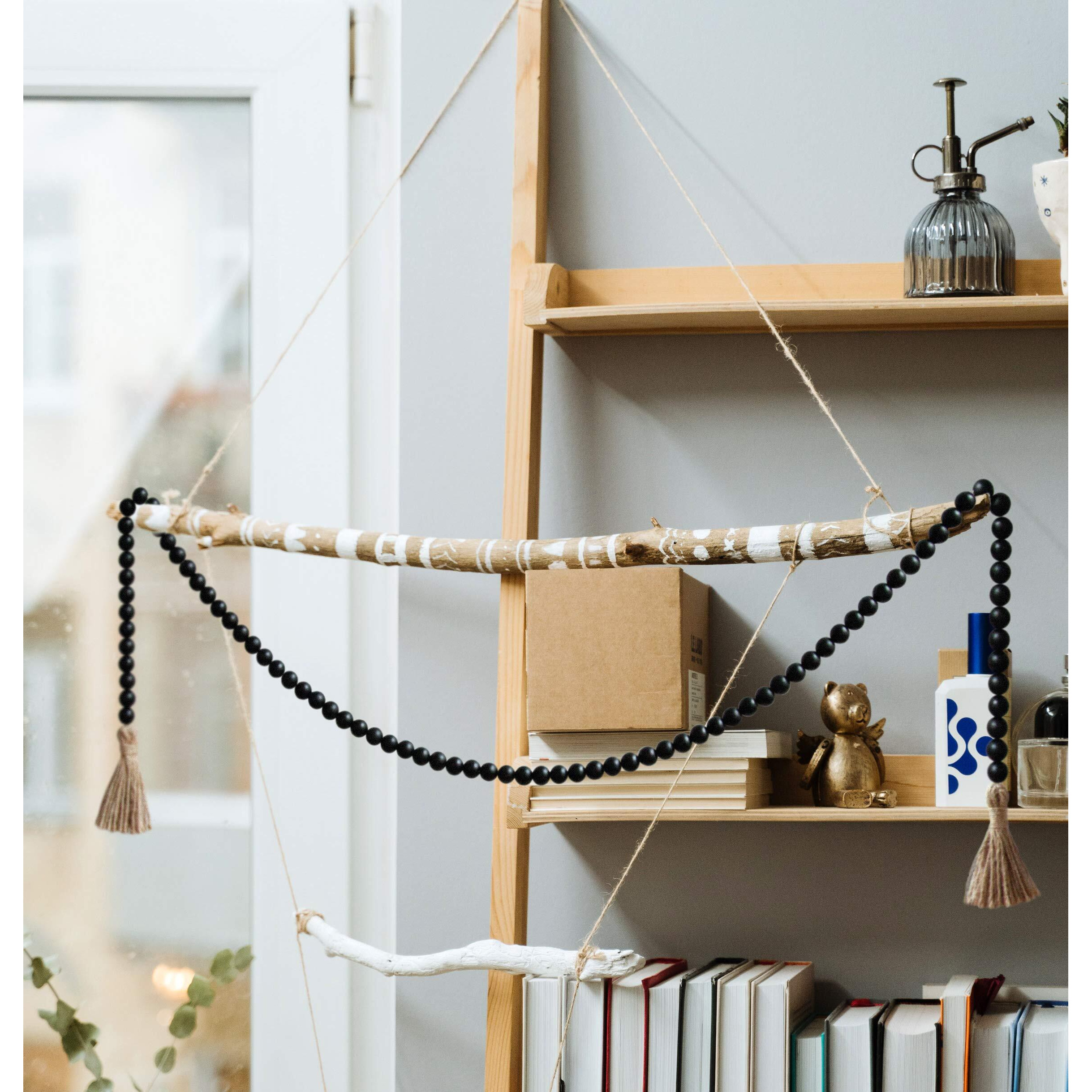 58In Wood Bead Garland With Tassels Farmhouse Beads Rustic Country Decor Prayer Boho Beads Wall Hanging Decoration (Black)