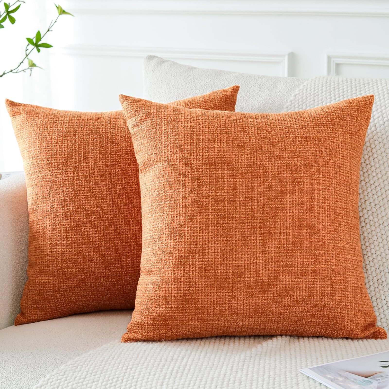 Otostar Linen Throw Pillow Covers Set Of 2 Decorative Square Pillowcases Cushion Covers 14X14 Inch For Home Decor Sofa Bedroom Car 35 X 35 Cm Orange