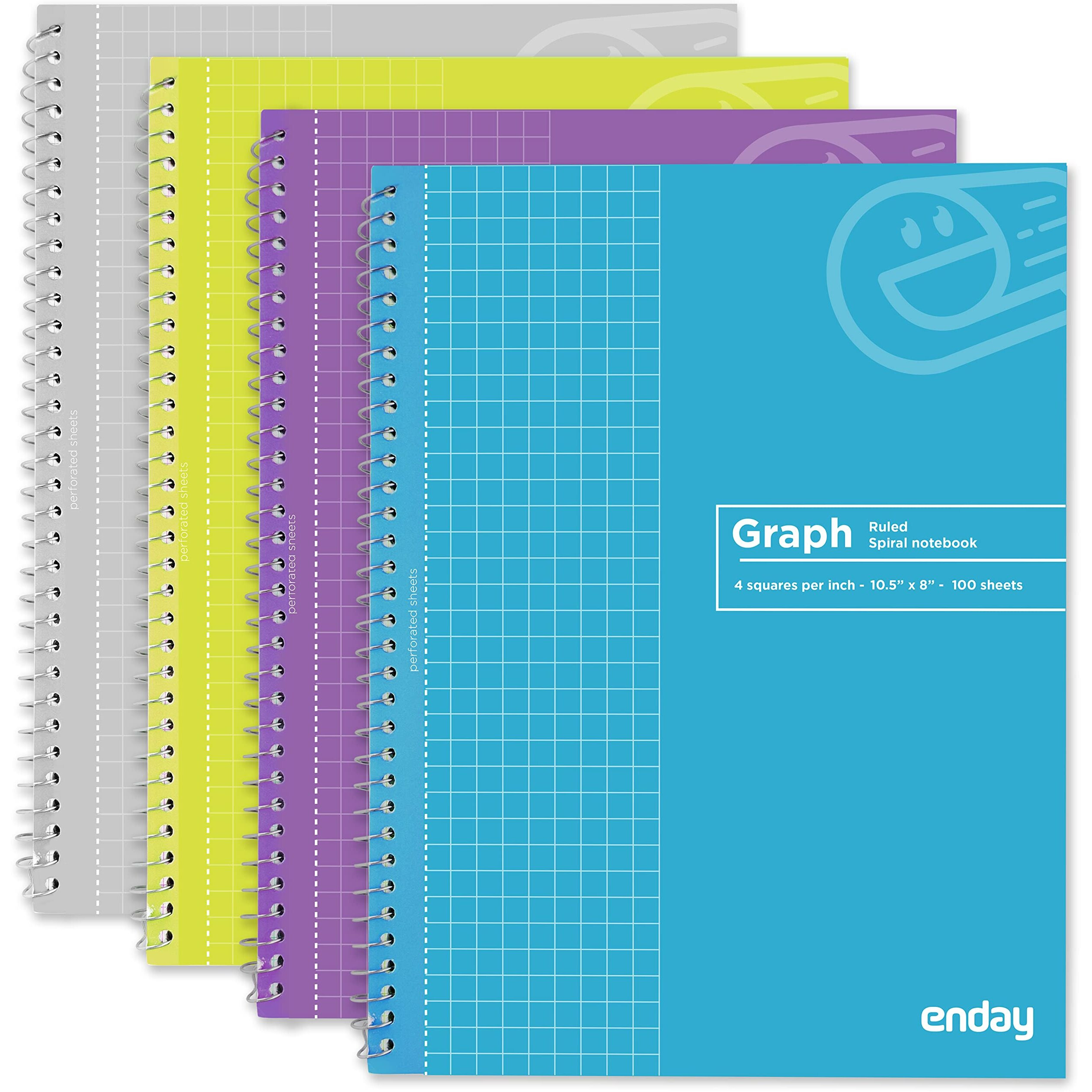Emraw Graph Paper Notebooks Spiral Quad Ruled Grid Notebook Heavy Duty White Paper 100 Sheets Assorted Colors Wire Bound Graphing Books (Pack Of 4)