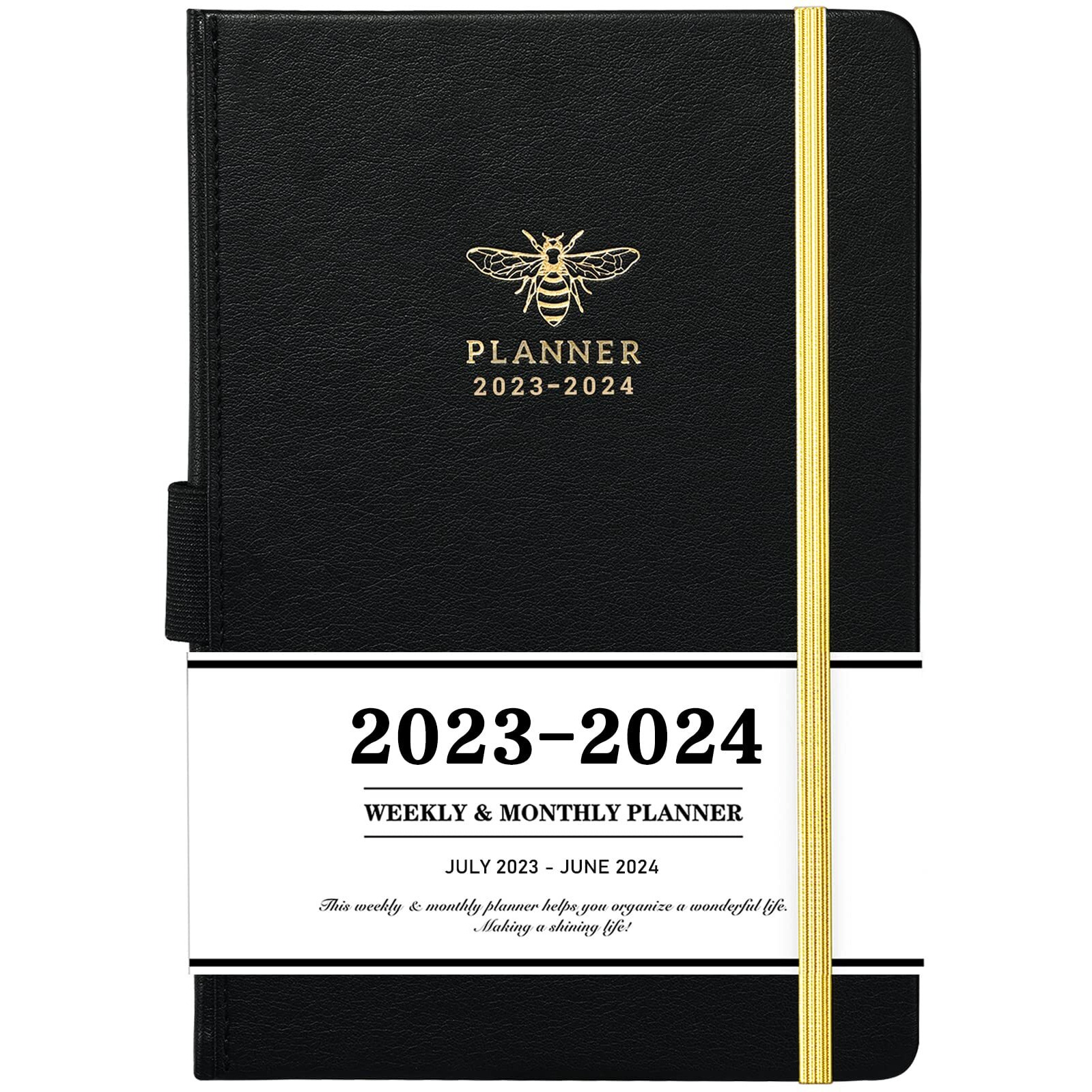 Planner 2023-2024 - Academic Planner 2023-2024 From July 2023 - June 2024  2023-2024 Weekly Monthly Planner With Calendar Stickers  5.75"" X 8.25""  Saffiano Leather  Pen Loop  Back Pocket - Black Bee