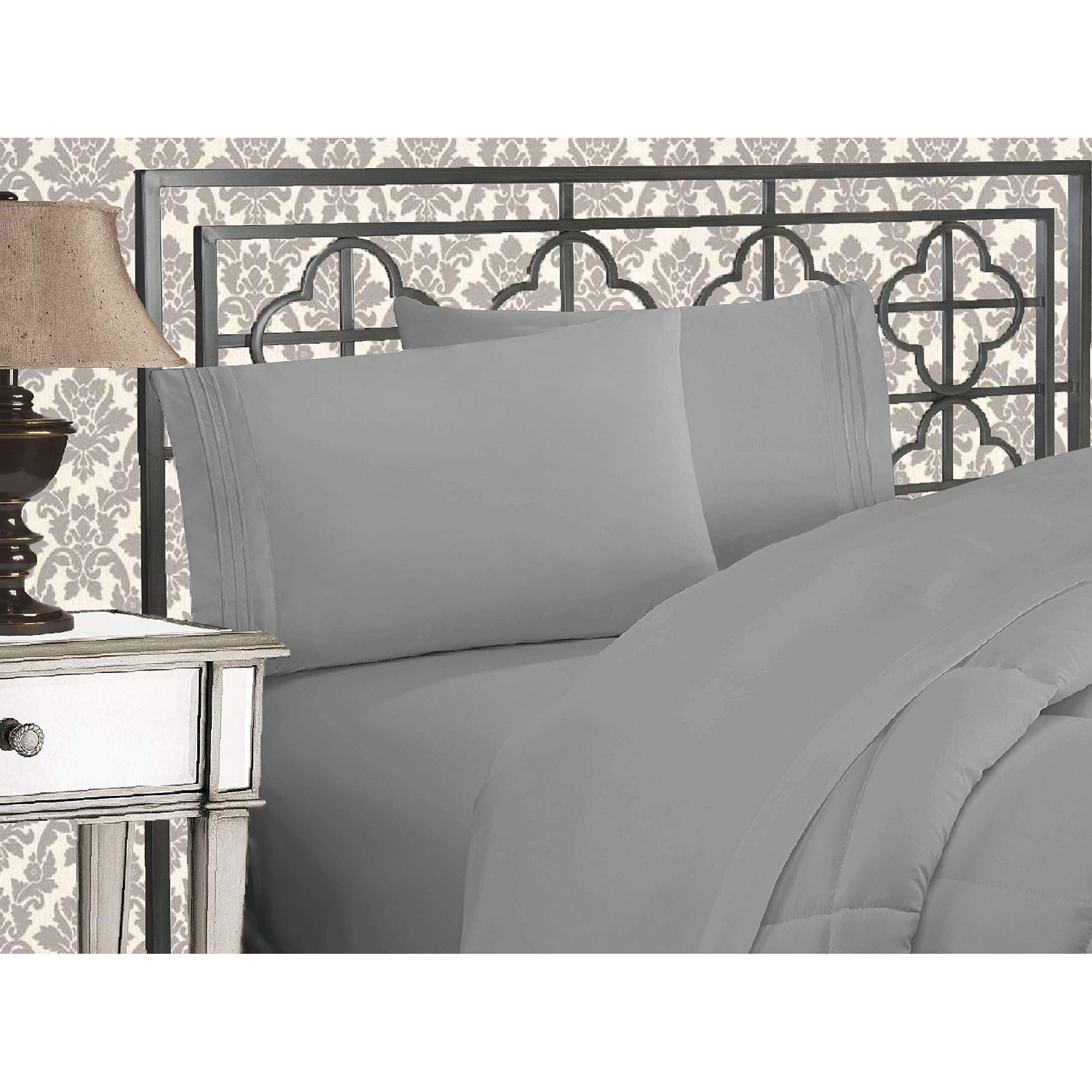 Elegant Comfort Luxurious 1500 Thread Count Egyptian Quality Three Line Embroidered Softest Premium Hotel Quality 4-Piece Bed Sheet Set  Wrinkle And Fade Resistant  King  Silver-Light Grey