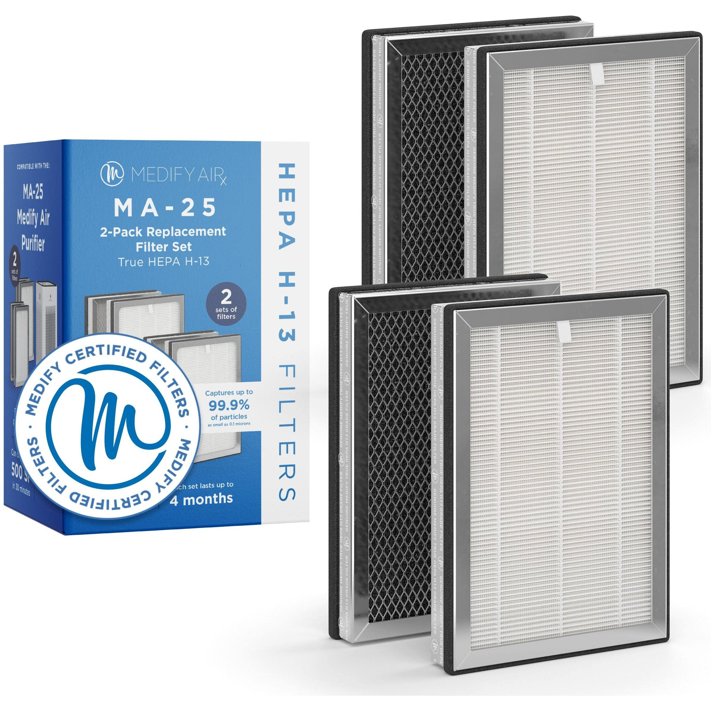 Medify Ma-25 Genuine Replacement Filter | For Allergens  Smoke  Wildfires  Dust  Odors  Pollen  Pet Dander | 3 In 1 With Pre-Filter  True Hepa H13  And Activated Carbon For 99.9% Removal | 2-Pack