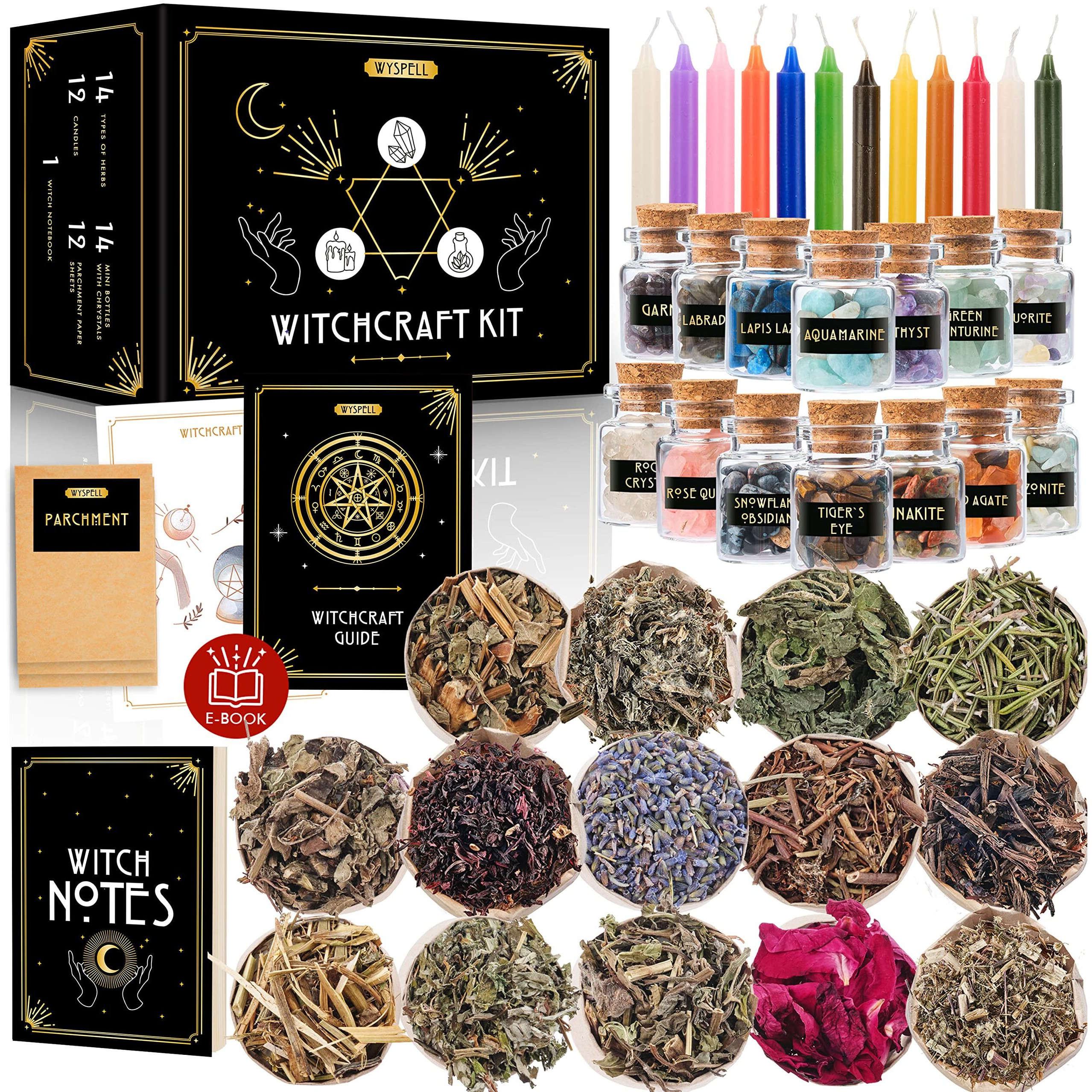 Witchcraft Supplies Kit For Witch Altar 54Pcs - Spell Candles Witches Crystals Jars Herbs Spells Beginner Box Starter