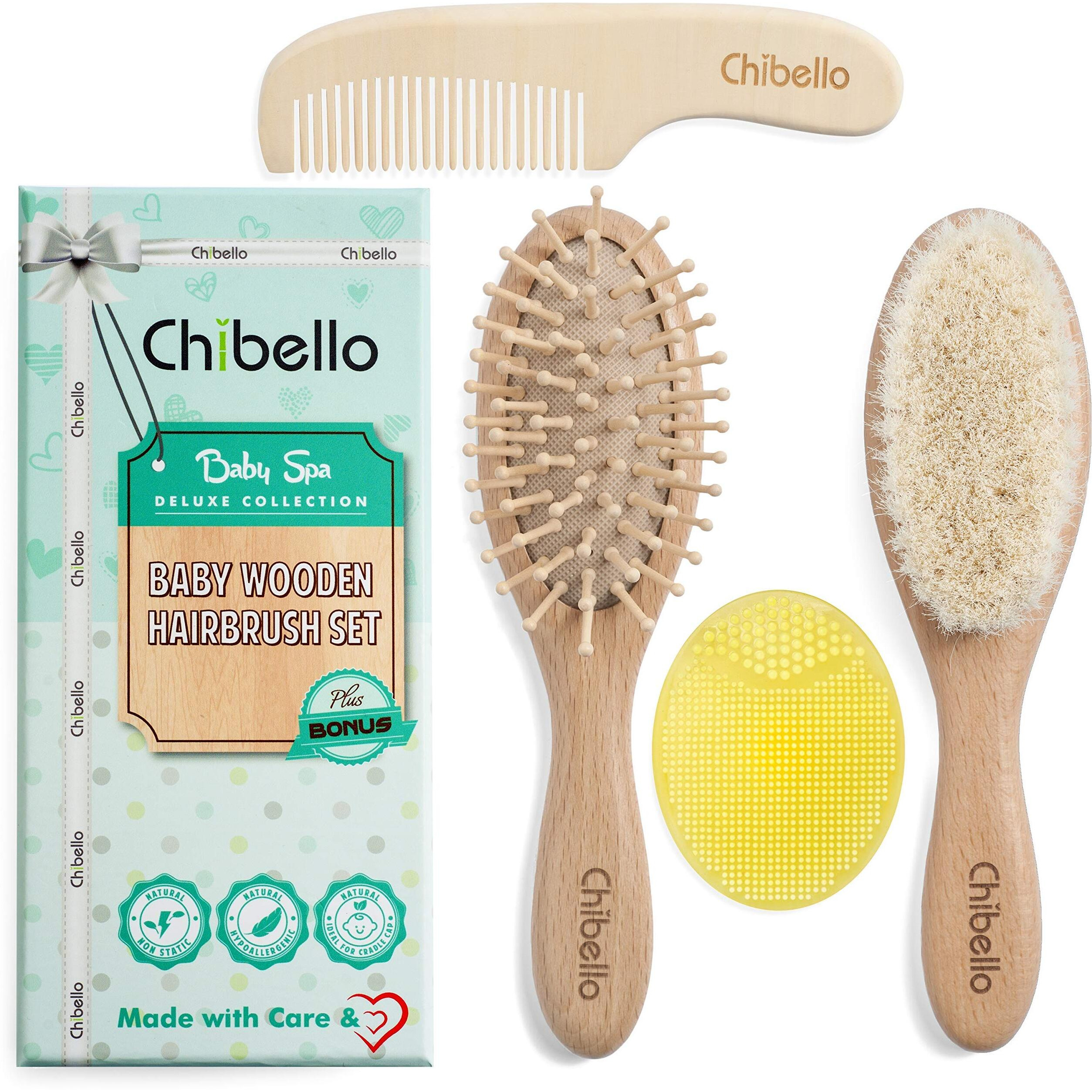 Chibello 4 Piece Wooden Baby Hair Brush And Comb Set Natural Goat Bristles Brush For Cradle Cap Treatment Wood Bristle Brush For Newborns And Toddlers Perfect For Baby Shower And Registry