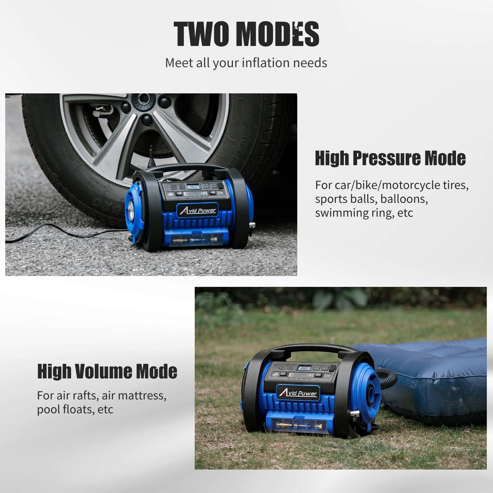 Avid Power Tire Inflator Portable Air Compressor  12V Dc 110V Ac Car Tire Pump  Air Mattress Pump With Inflation And Deflation Modes  Dual Powerful Motors  Digital Pressure Gauge
