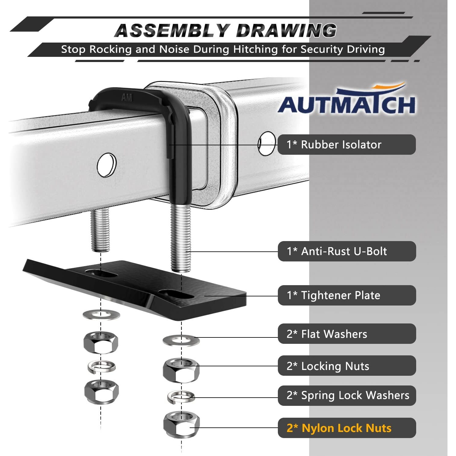 Autmatch Hitch Tightener Anti-Rattle Clamp  Heavy Duty Hitch Stabilizer For 1.25 "" And 2 "" Trailer Hitches  Rubber Isolator And Anti-Rust Double Coating Protective  Black