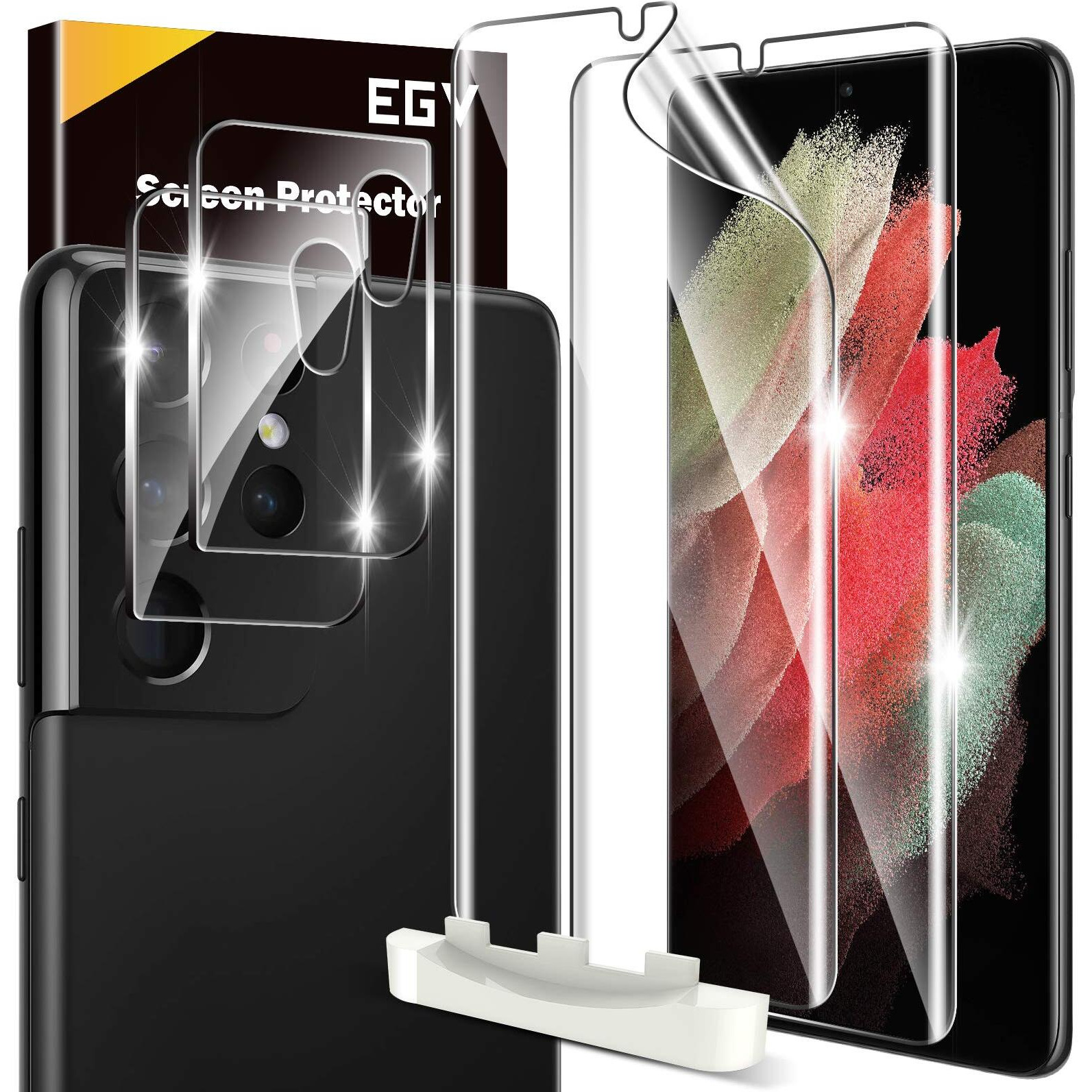 Egv [2+2 Pack] Compatible For Samsung Galaxy S21 Ultra 5G 6.8-Inch  Flexible Tpu Screen Protector And Glass Camera Lens Protector[Support Fingerprint Reader] [Easy Installation] Case Friendly
