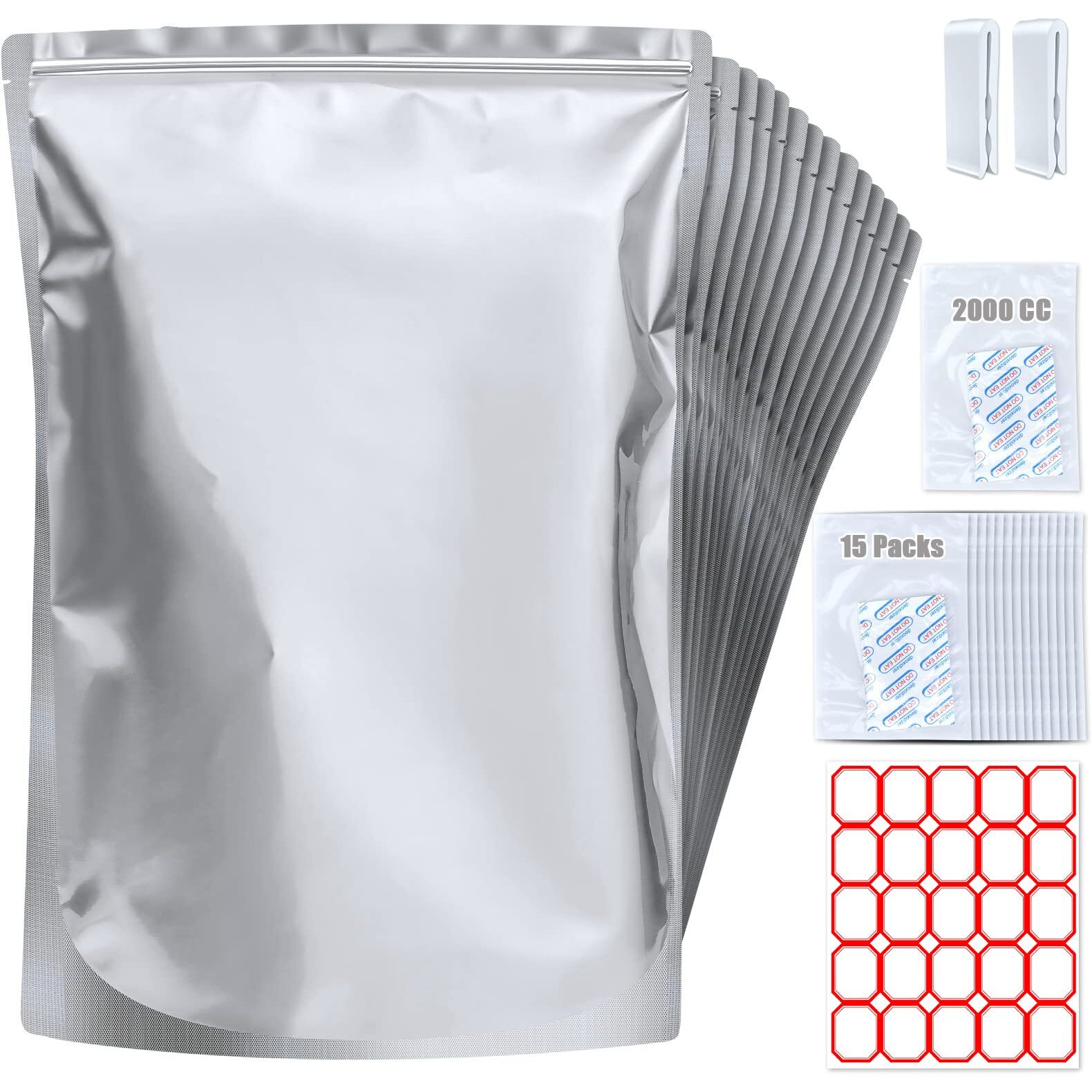 15 Pack 5 Gallon Mylar Bags With Oxygen Absorbers - 10.5 Mil Mylar Bags For Food Storage With 15 Single Sealed 2000Cc Oxygen Absorbers & Labels & Clips - For Long Term Food Storage