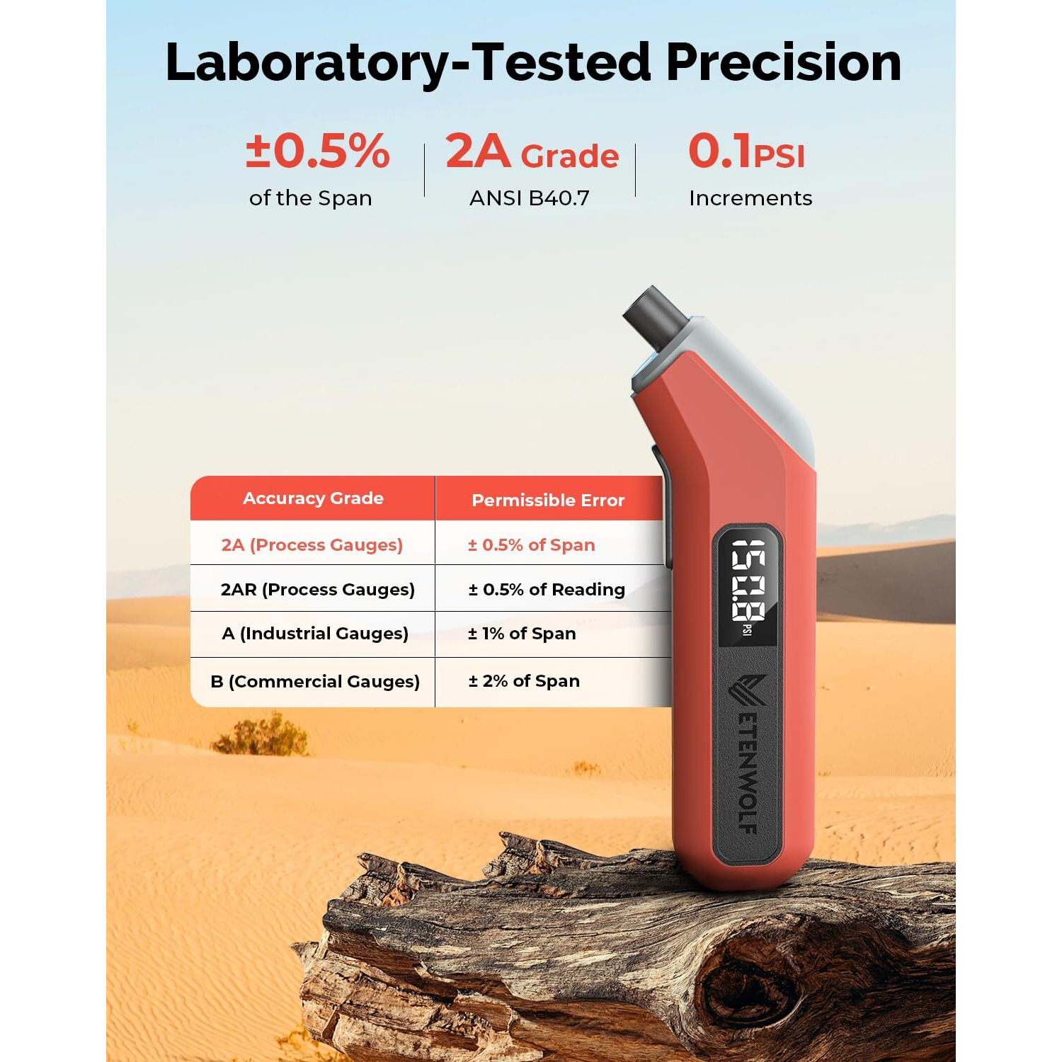 Etenwolf T300 Digital Tire Pressure Gauge 3-200 Psi  Industrial Tire Gauge Calibrated To Ansi B40.7 Grade 2A(Plus-Minus 0.5%)  Replaceable Aaa Batteries (Vivid Orange)