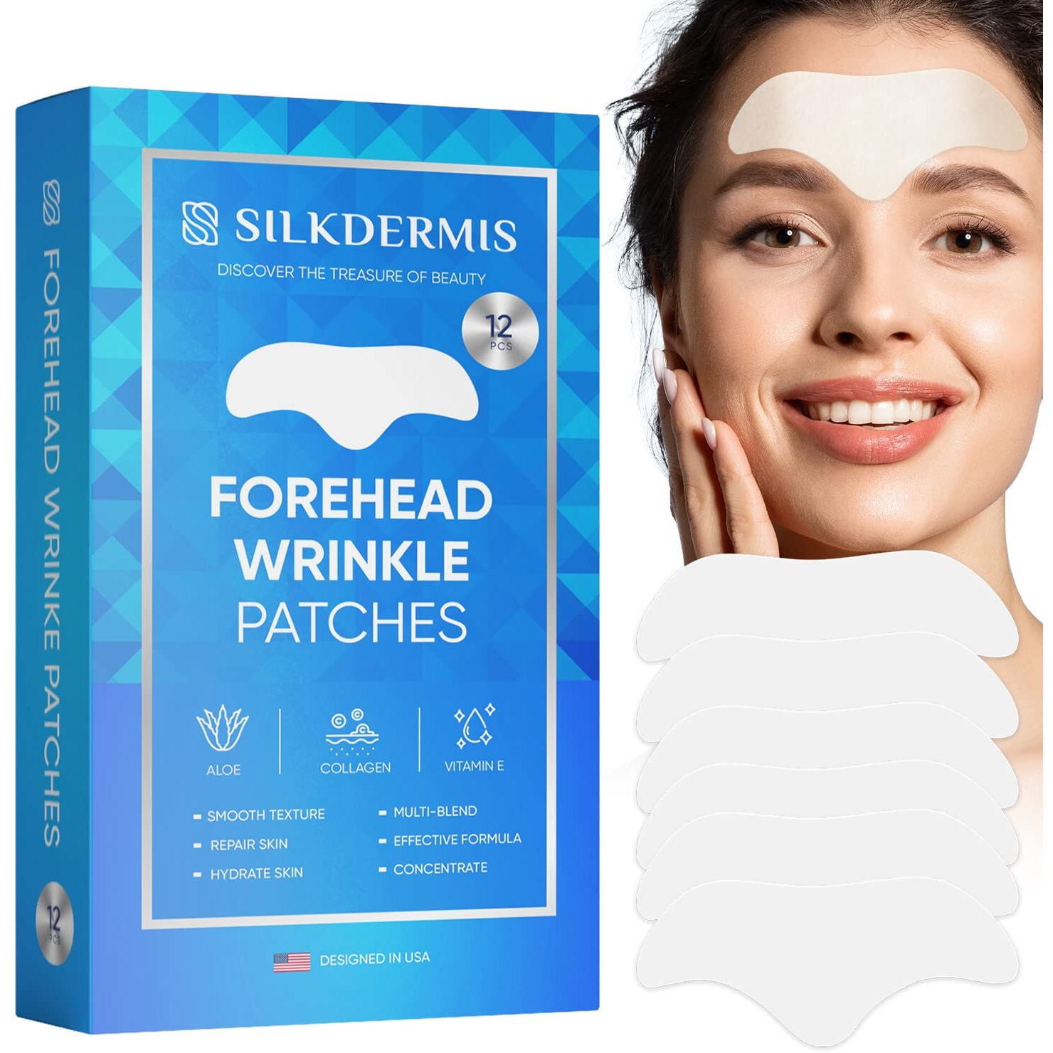 Silkdermis Forehead Wrinkle Patches 12Pcs With Aloe  Collagen  Vitamin E  Anti Wrinkle Patches  Forehead Wrinkles Treatment