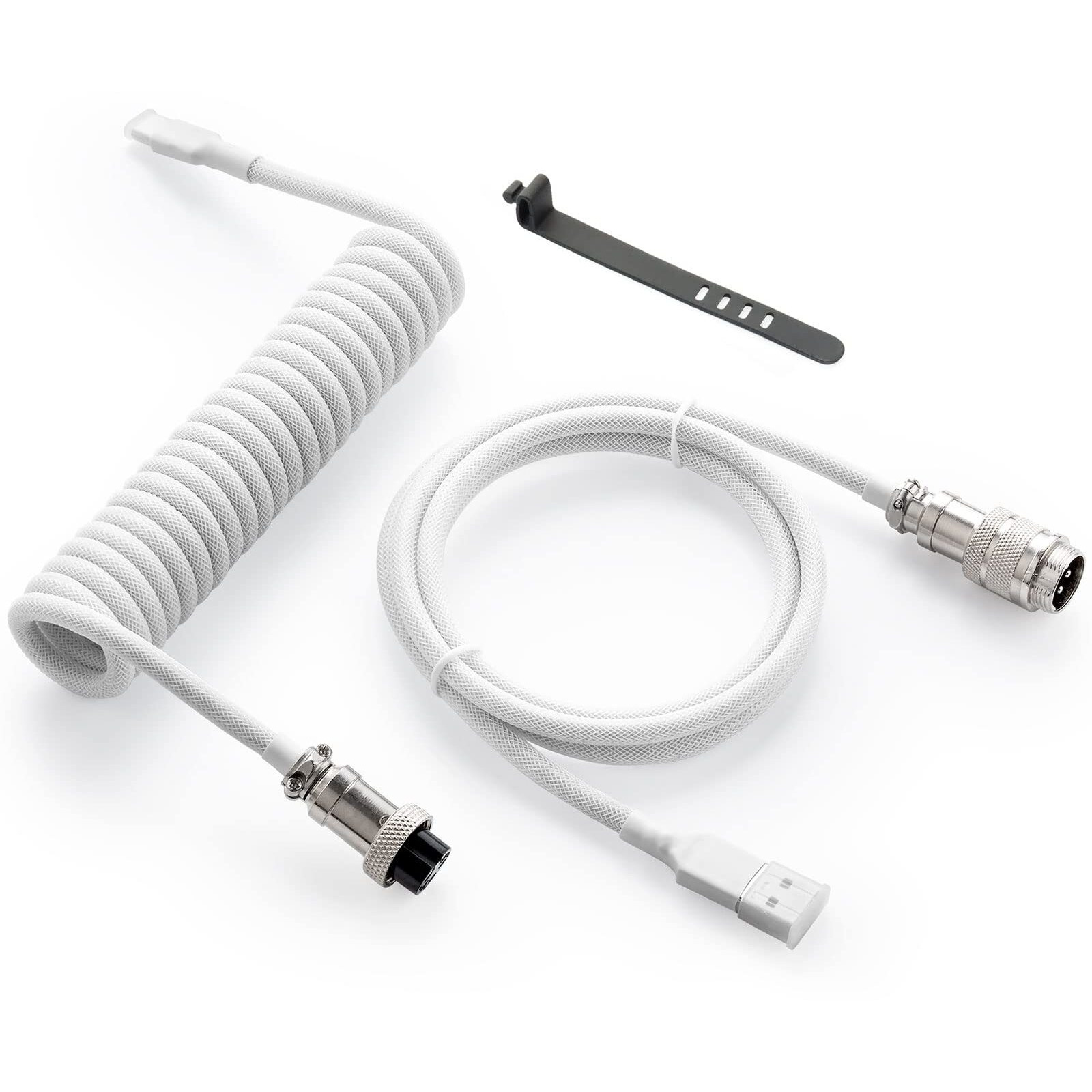 Gunmjo Pro Custom Coiled Usb C Cable For Gaming Keyboard  Double-Sleeved Mechanical Keyboard Cable With Detachable Metal Aviator  1.5M Usb-C To Usb-A  White Color