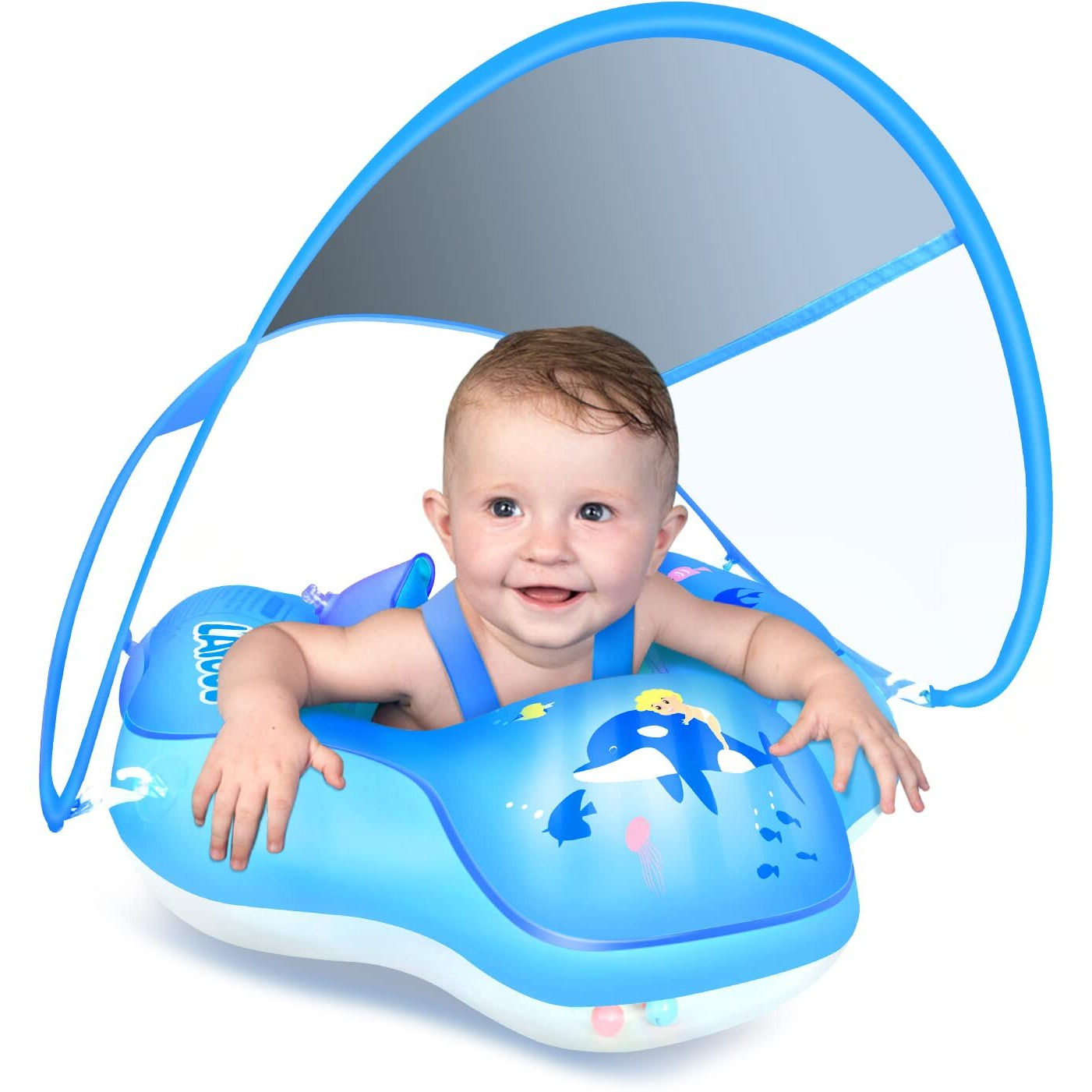Laycol Baby Swimming Float Inflatable Baby Pool Float Ring Newest With Sun Protection Canopy Add Tail No Flip Over For Age Of 3-36 Months