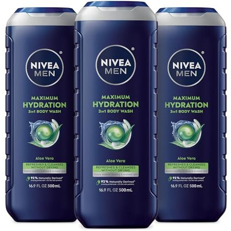 Nivea Men Maximum Hydration Body Wash For Dry Skin  Aloe Vera Enriched  3-In-1 Moisturizing Body Wash  Face And Hair  Paraben Free  Vegan Formula  16.9 Fl Oz Bottle  Pack Of 3