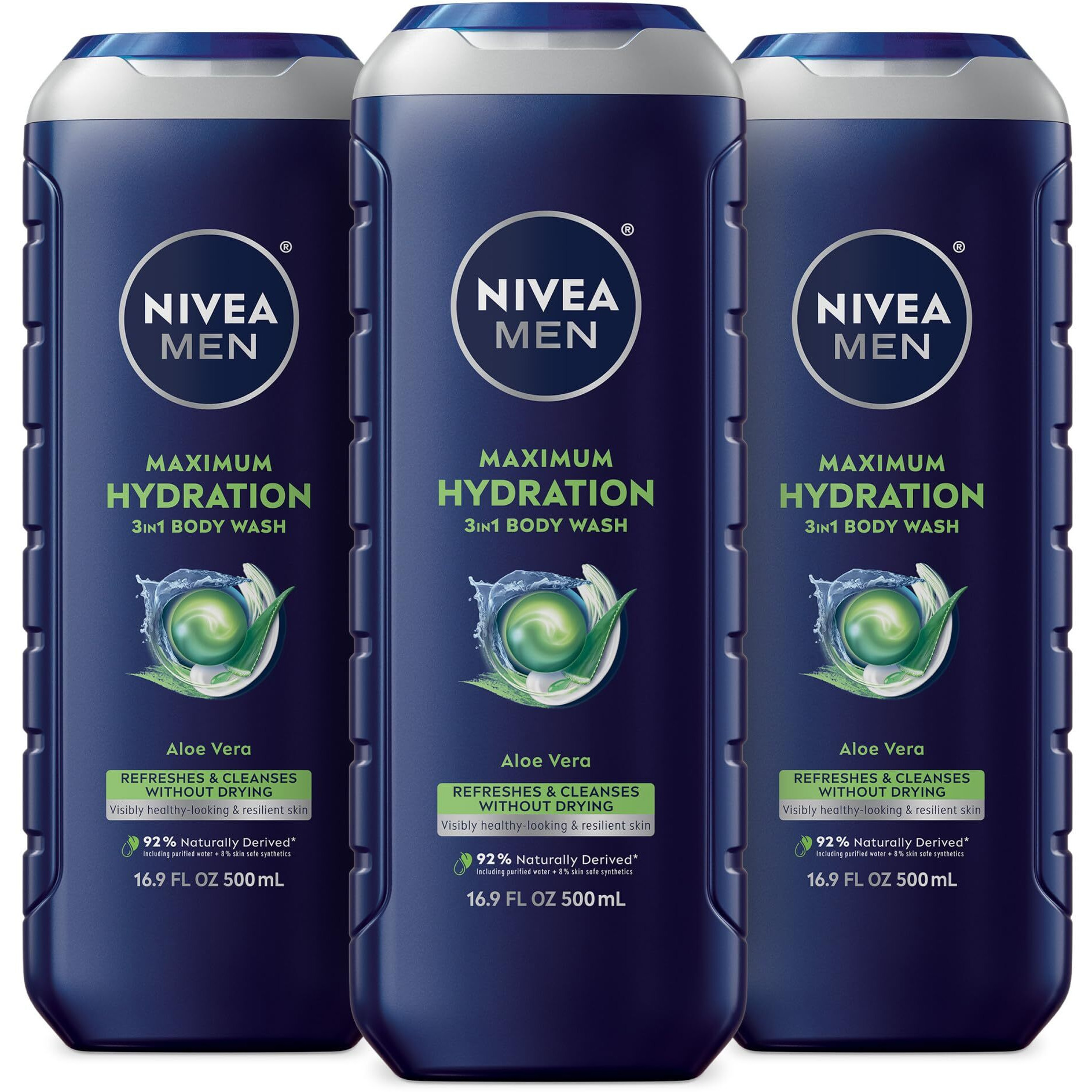 Nivea Men Maximum Hydration Body Wash For Dry Skin  Aloe Vera Enriched  3-In-1 Moisturizing Body Wash  Face And Hair  Paraben Free  Vegan Formula  16.9 Fl Oz Bottle  Pack Of 3