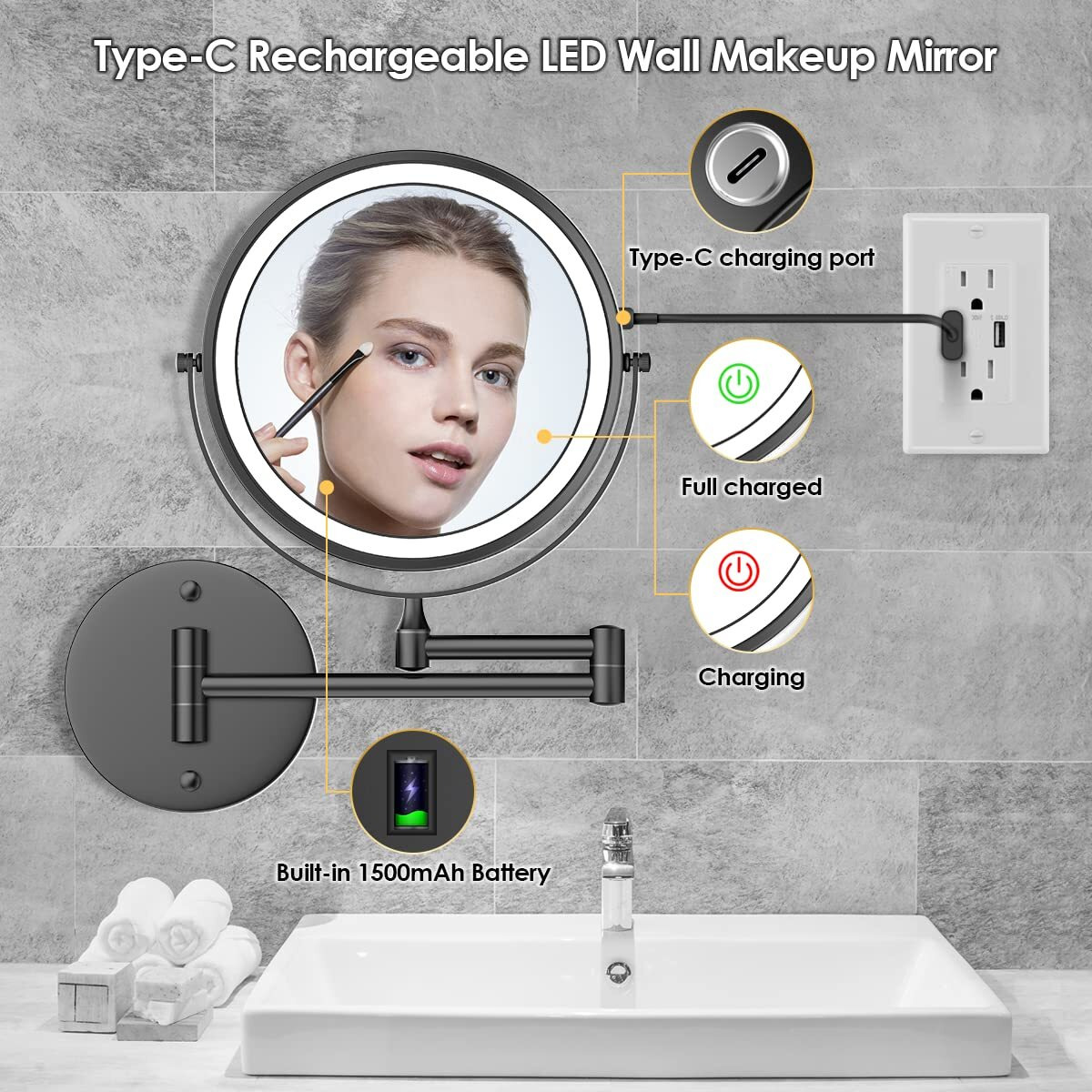 Rocollos Rechargeable Wall Mounted Lighted Makeup Mirror  8 Inch Double-Sided Led Vanity Mirror 1X/10X Magnification 3 Color Lights Touch Screen Dimmable 360Swivel 13 Inch Extendable