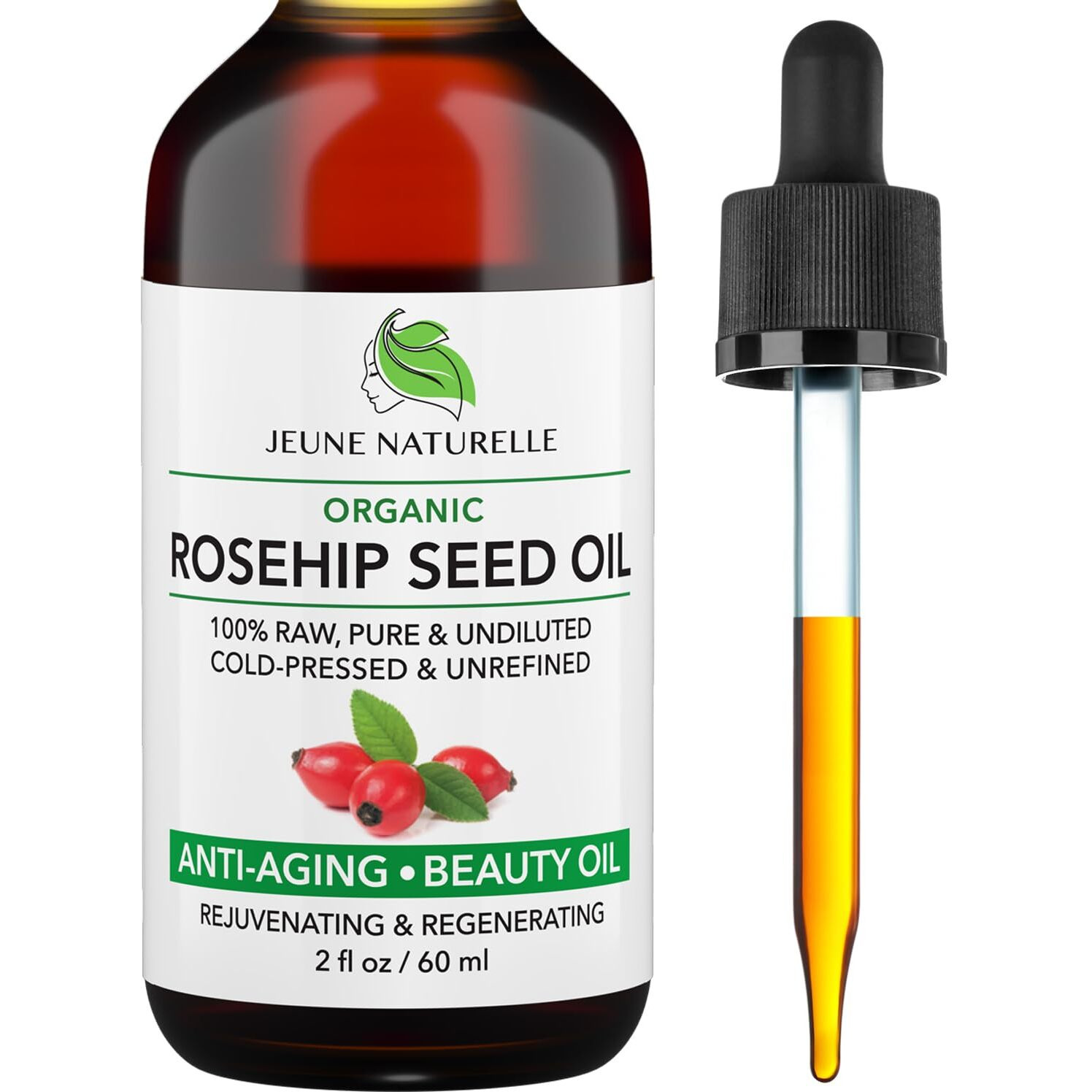Rosehip Oil - Pure  Virgin  Cold Pressed - From Whole Berries (Pulp & Seeds)  Natural Deep Orange Hue For Intensive Skin Repair - Undiluted Organic Rosehip Seed Oil  2 Oz