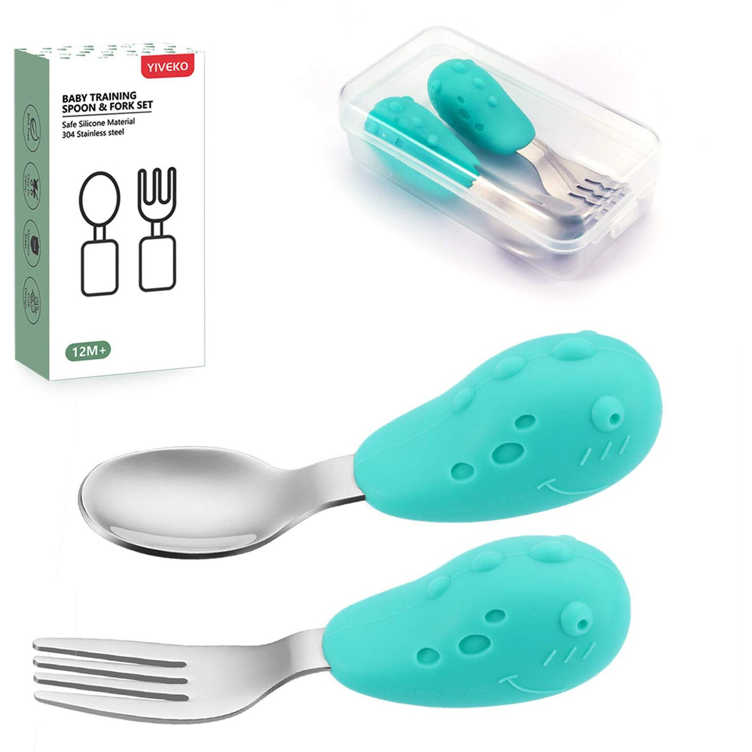 Yiveko Baby Fork And Spoon Set With Carry Case Baby Training Utensils Self Feeding Toddler Silverware Silicone And Stainless Steel Kids And Toddler Utensil Set-Dinosaur