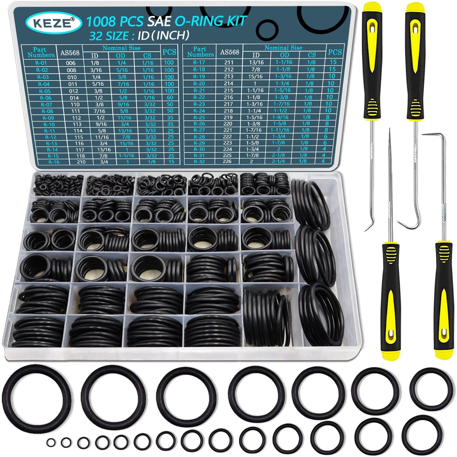 Keze 1008 Pcs Sae O Ring Kit 32 Sizes Usa Standard Nitrile 70A Rubber Seals Inch O Rings Set With 4 Pieces Orings Remover Tools For Faucet Automotive Hydraulic Plumbing As568006-226
