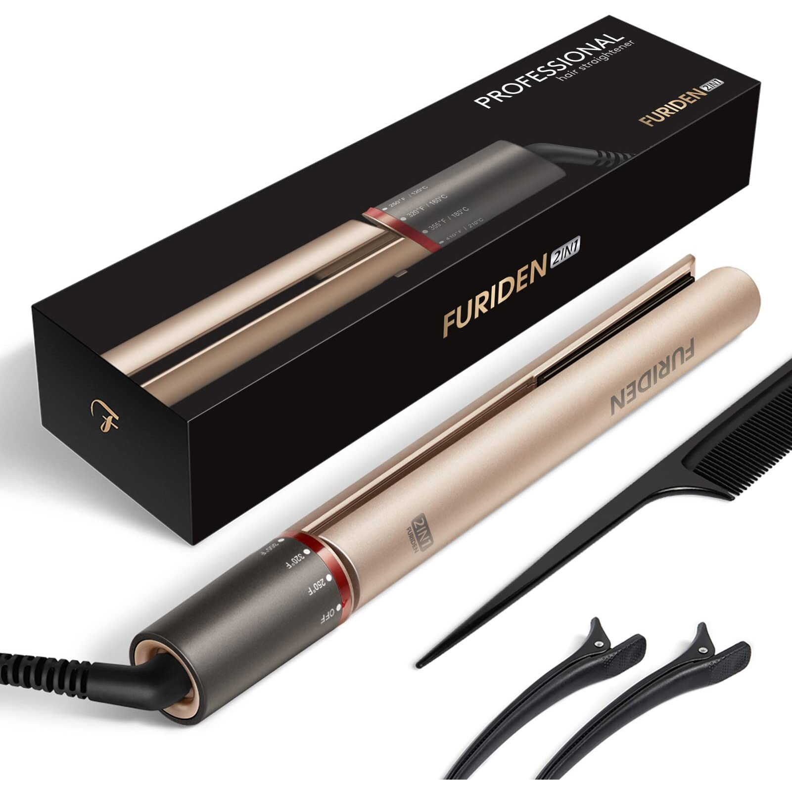 Furiden Professional Salon Quality Hair Straightener  Hair Straightener And Curler 2 In 1  Flat Iron Curling Iron In One  Fast Results  Long Lasting