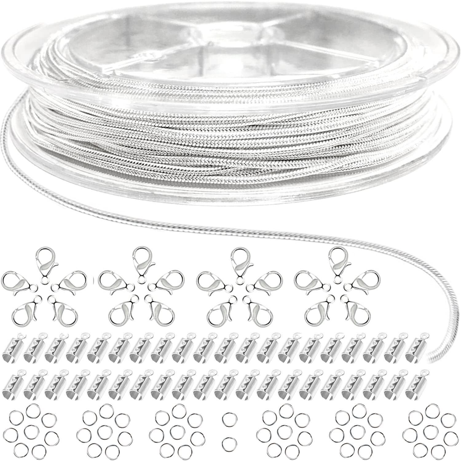 Jishi 33Ft Silver Snake Chain 1.2Mm Jewelry Making Chains For Necklace Bracelet Diy Jewelry Supplies Findings - Silver Plated Round Snake Cable Chain Link Roll W/Lobster Clasps  Cord Ends & Jump Rings