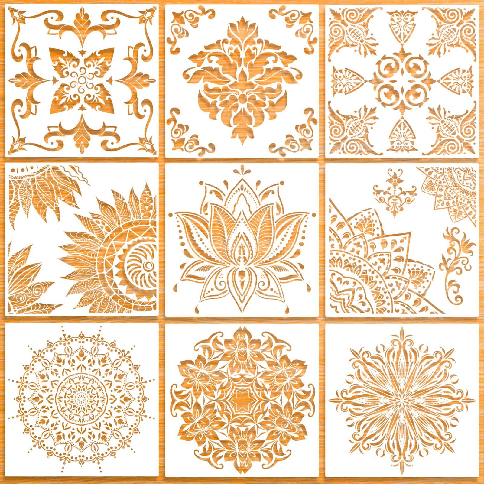 9 Pack (12X12 Inch) Large Reusable Stencil Mandala Stencil Laser Cut Painting Template For Floor Wall Tile Fabric Furniture Stencils Painting