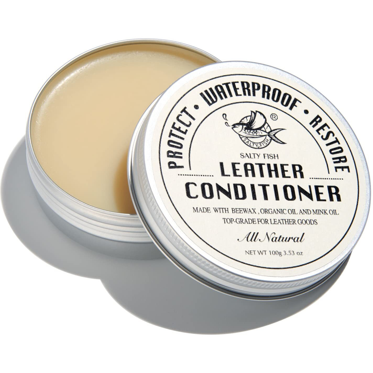 Salty Fish All-Natural Leather Conditioner And Cleaner Made With Mink Oil Beeswax Protect Soften Waterproof Leather Furniture Car Seats Shoes Boots Bags (3.53 Oz)