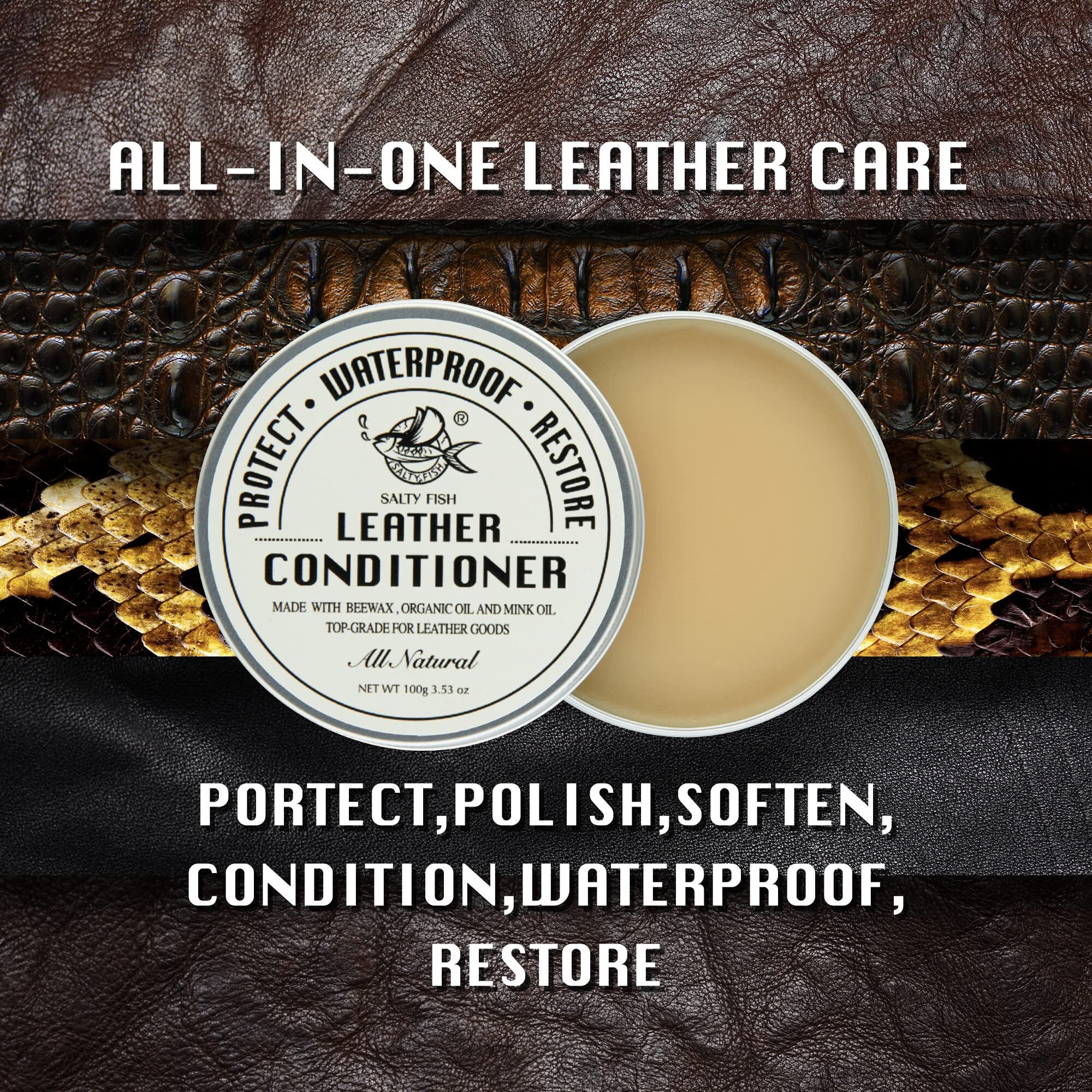 Salty Fish All-Natural Leather Conditioner And Cleaner Made With Mink Oil Beeswax Protect Soften Waterproof Leather Furniture Car Seats Shoes Boots Bags (3.53 Oz)
