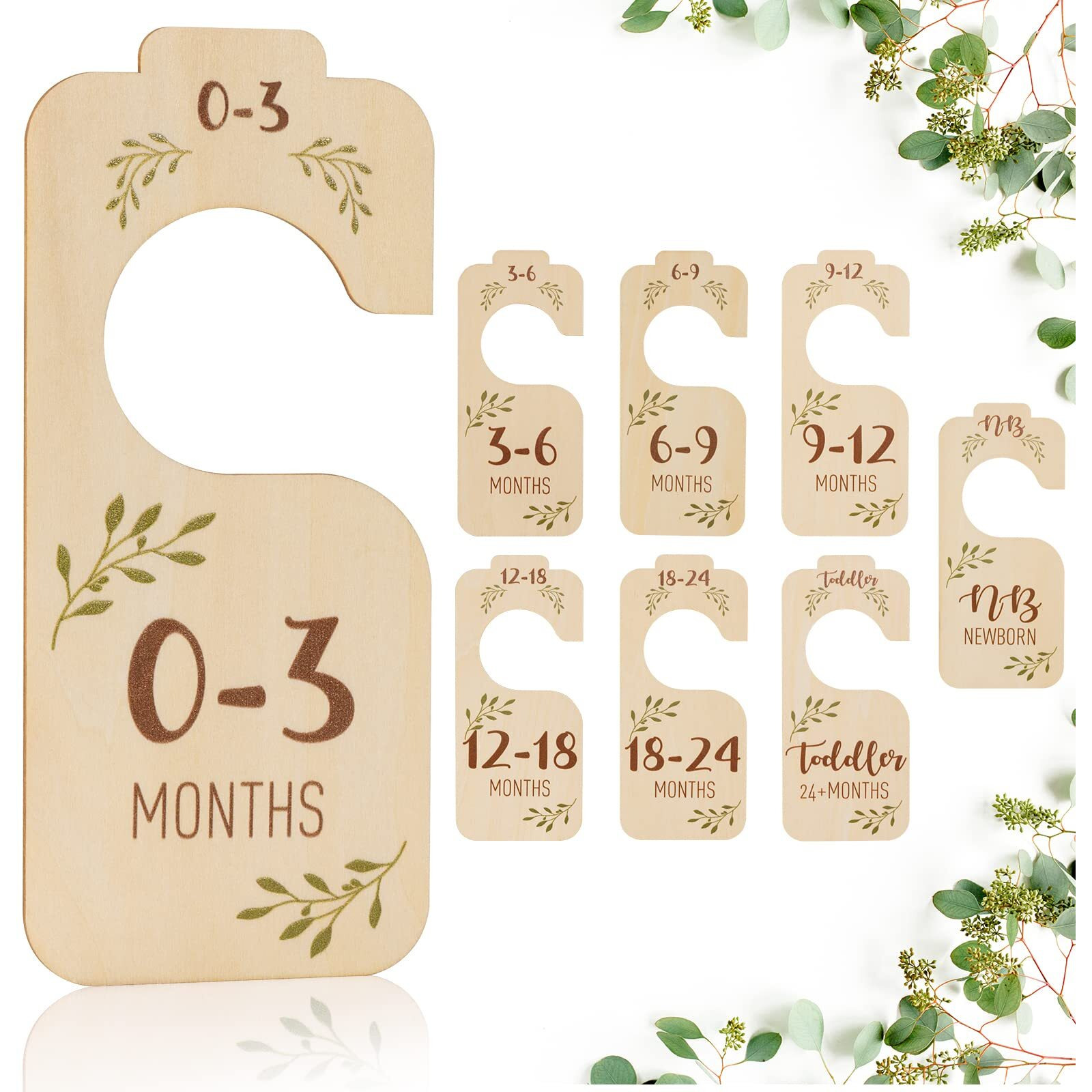 Baby Closet Dividers For Clothes Organizer - Set Of 8 Beautiful Wooden Double-Sided Baby Clothes Size Hanger Organizer From Newborn To 24 Months For Boho Nursery Decor