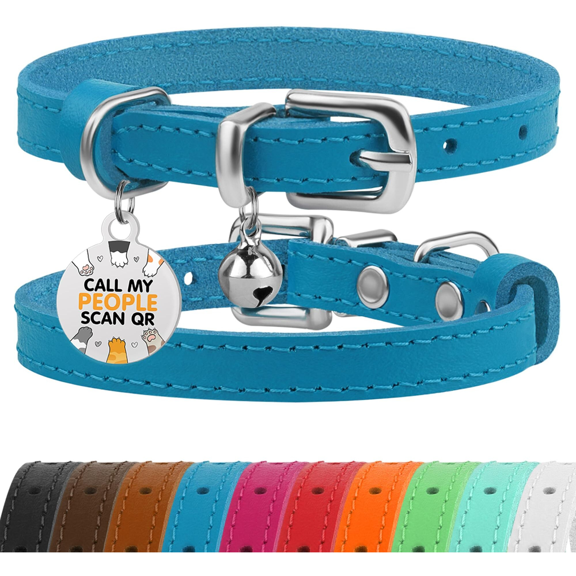 Bronzedog Leather Cat Collar With Removable Bells Non Breakaway Kitten Qr Tag For Girl Boy (7 "" - 9 "" For Cats  Blue & Silver)